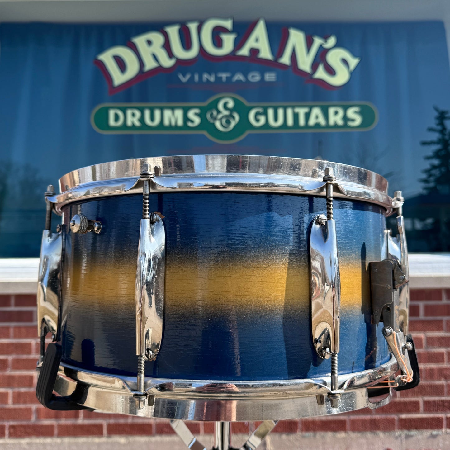 1930s-1940s WFL Ludwig 7x14 No. 416 Paramount Model Snare Drum Blue / Gold Duco Zephyr All American Swing