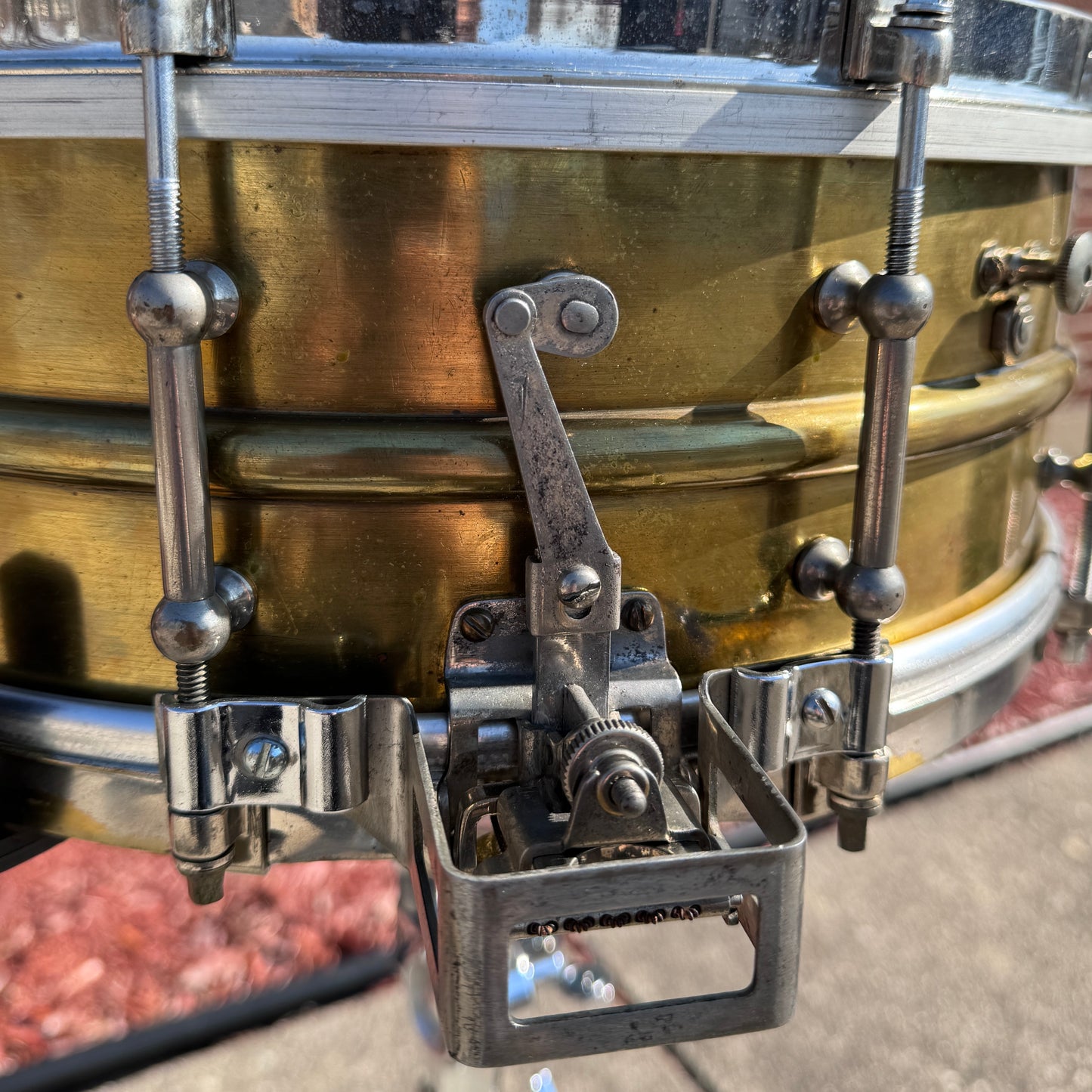 1920s Ludwig 5x14 No. 655 Super Sensitive Snare Drum Brass Dual Strainer