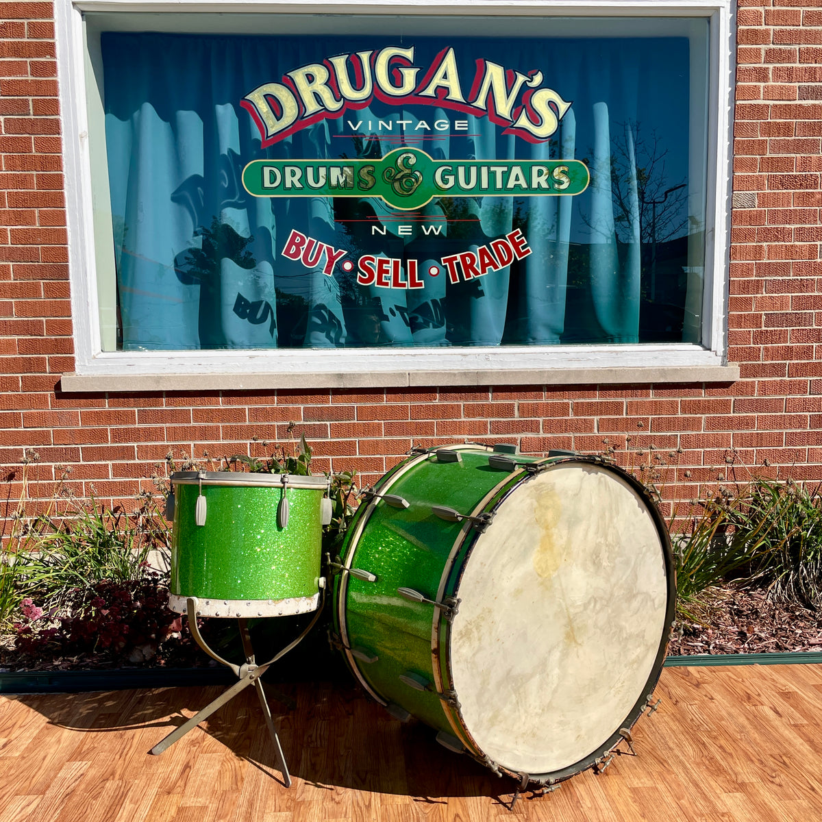 1920s-1930s Slingerland Radio King 2pc Drum Set Green Glass Glitter