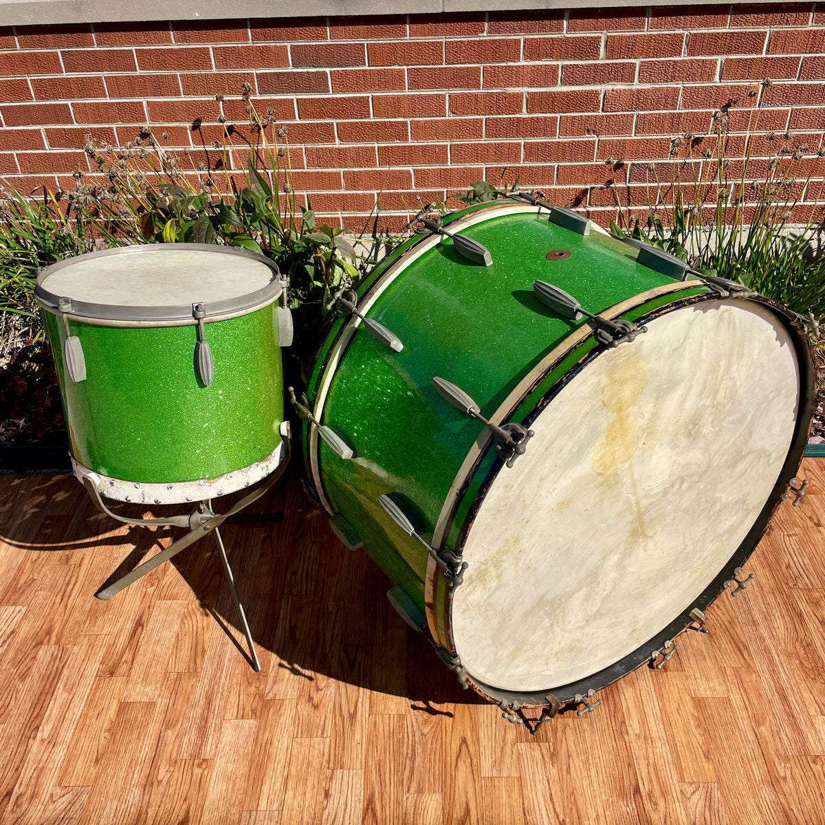 1920s-1930s Slingerland Radio King 2pc Drum Set Green Glass Glitter