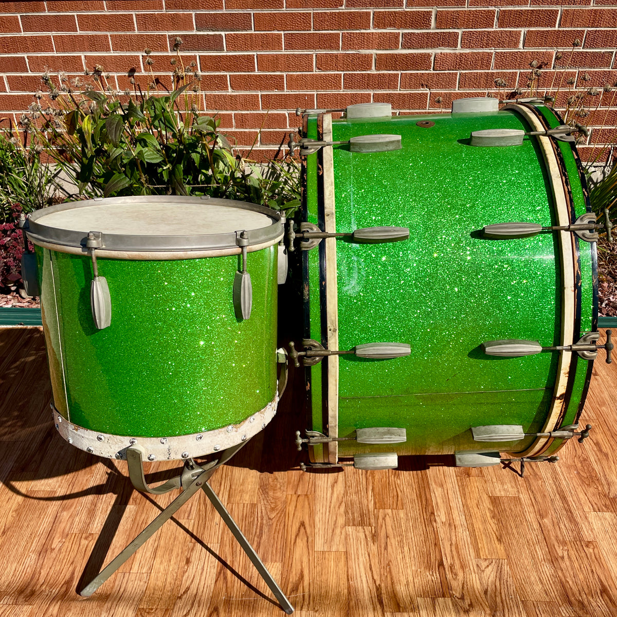 1920s-1930s Slingerland Radio King 2pc Drum Set Green Glass Glitter