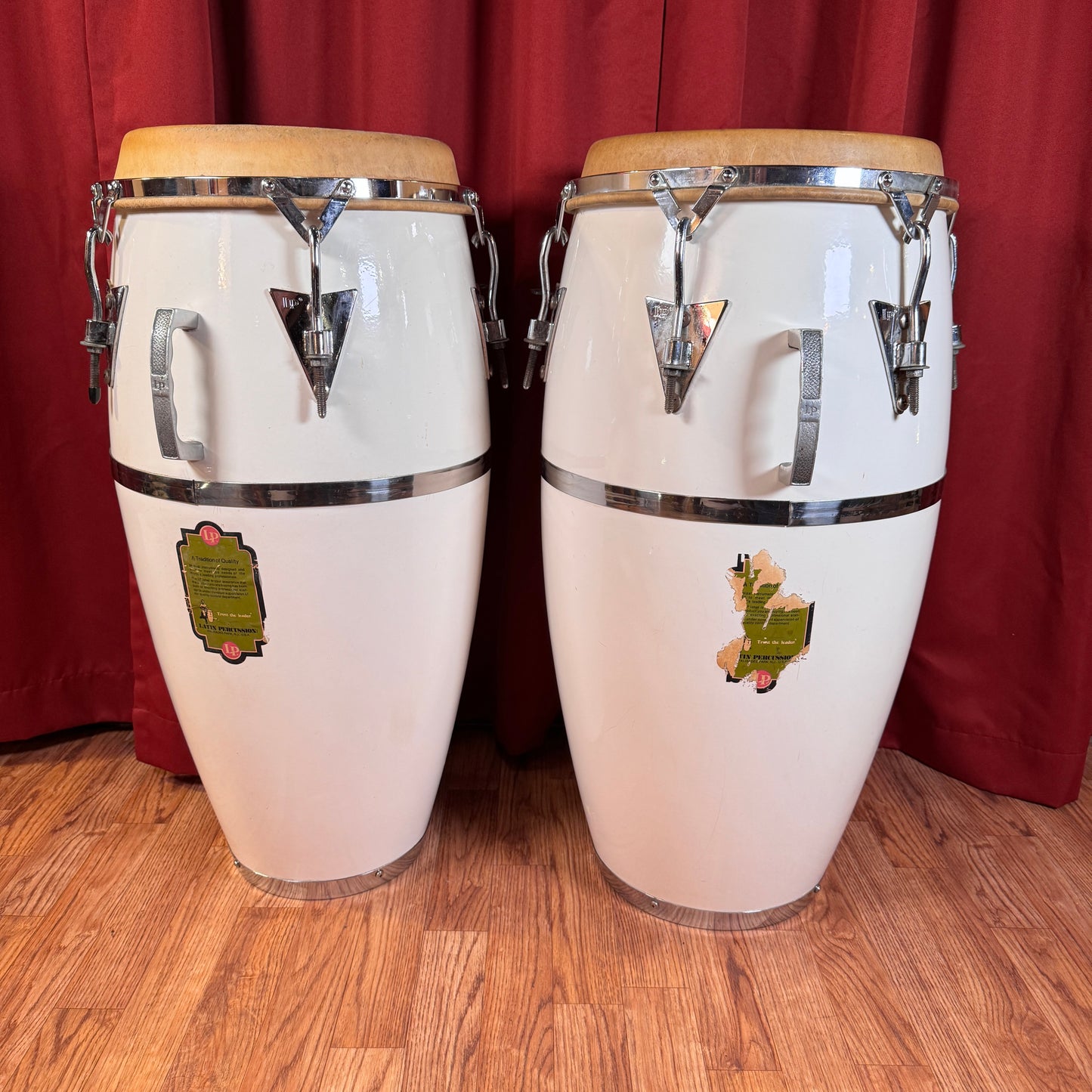 Vintage 1970s LP Original Fiberglass Quinto & Conga Set White Latin Percussion Palisades Park NJ