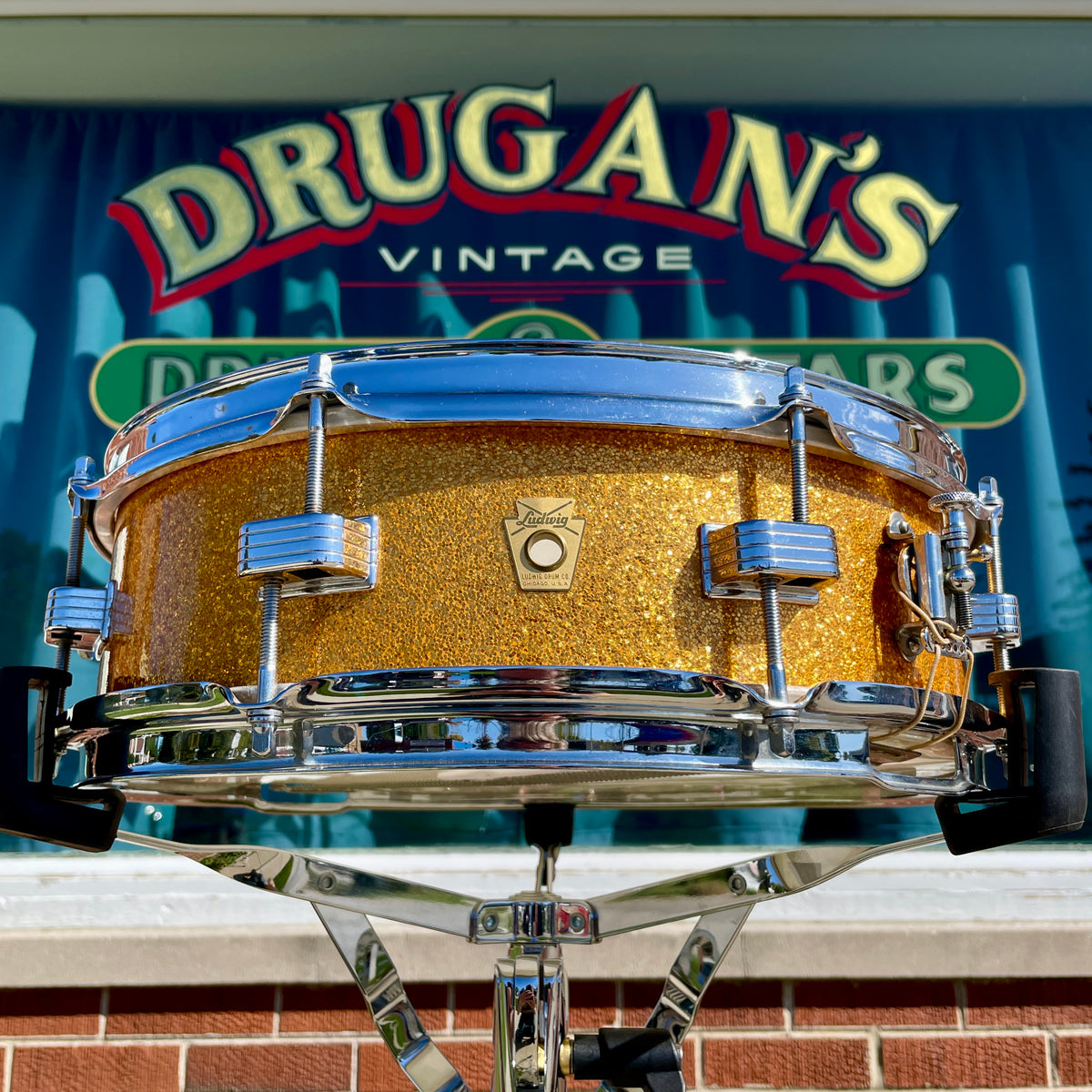 1960s Ludwig Down Beat Pre-Serial 4x14 Snare Drum Gold Sparkle