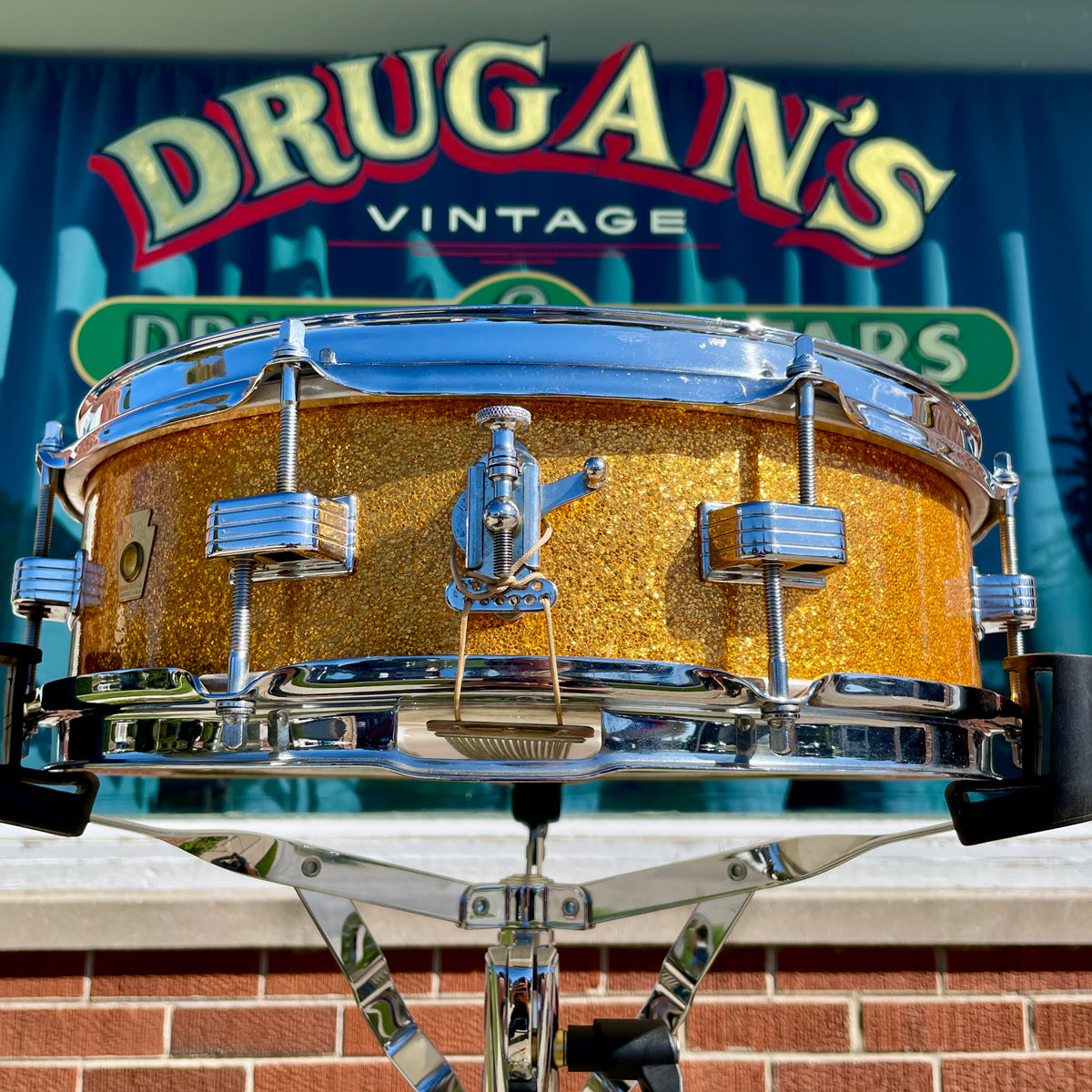 1960s Ludwig Down Beat Pre-Serial 4x14 Snare Drum Gold Sparkle