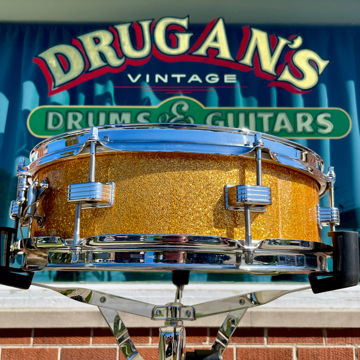 1960s Ludwig Down Beat Pre-Serial 4x14 Snare Drum Gold Sparkle