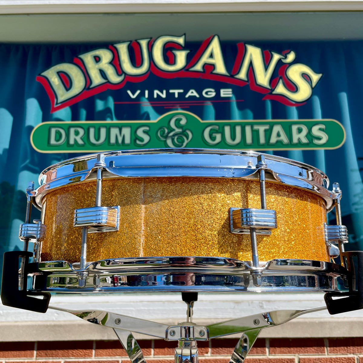 1960s Ludwig Down Beat Pre-Serial 4x14 Snare Drum Gold Sparkle