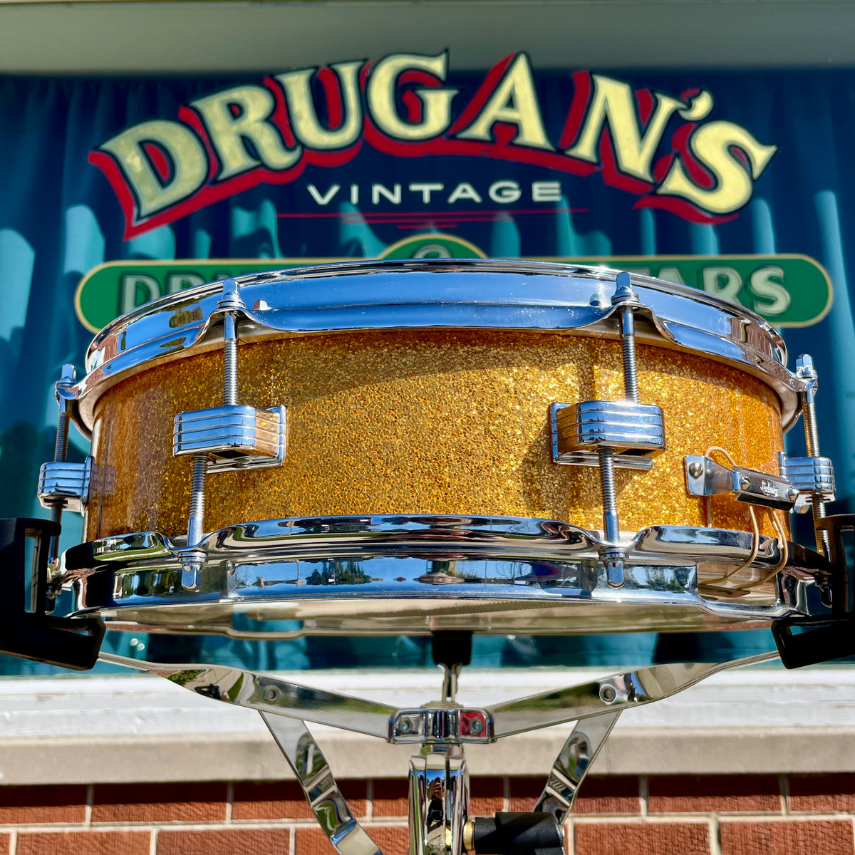 1960s Ludwig Down Beat Pre-Serial 4x14 Snare Drum Gold Sparkle