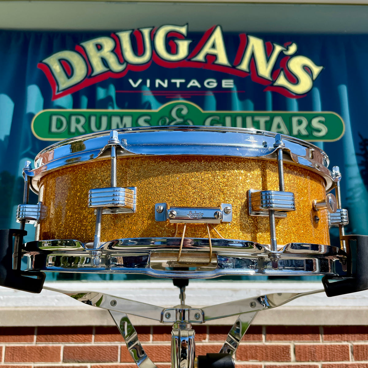 1960s Ludwig Down Beat Pre-Serial 4x14 Snare Drum Gold Sparkle