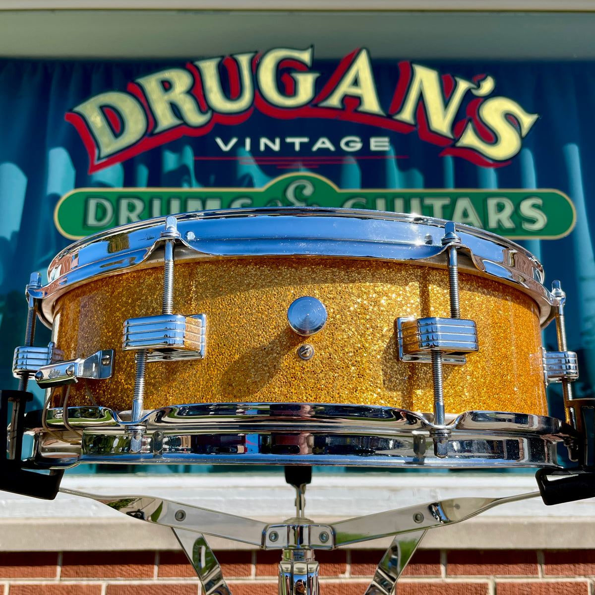 1960s Ludwig Down Beat Pre-Serial 4x14 Snare Drum Gold Sparkle