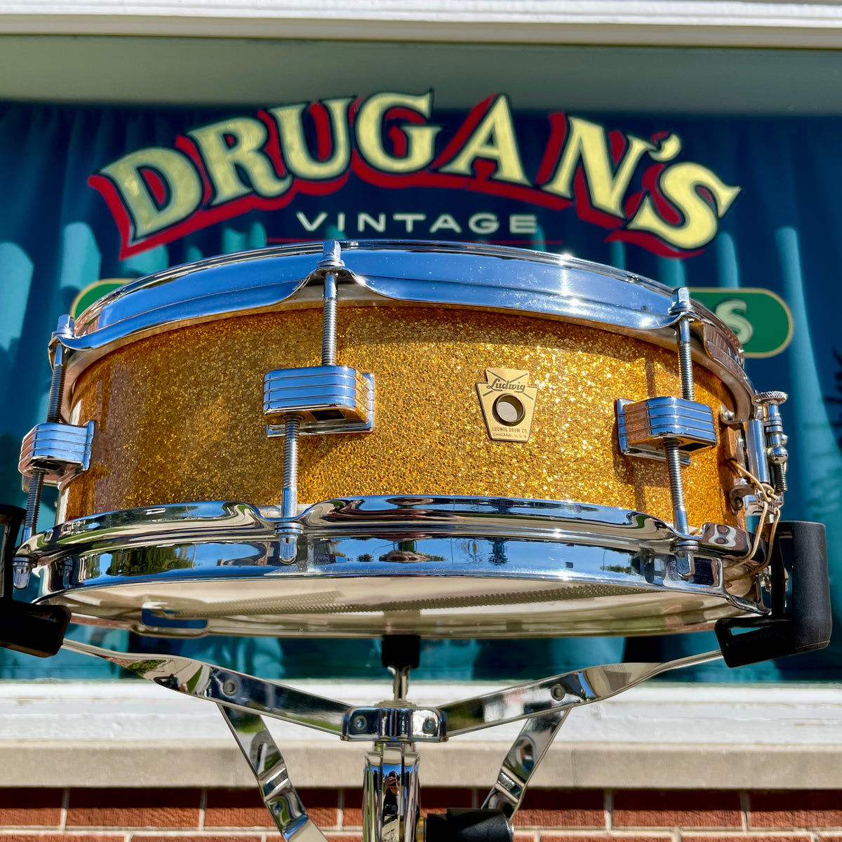 1960s Ludwig Down Beat Pre-Serial 4x14 Snare Drum Gold Sparkle
