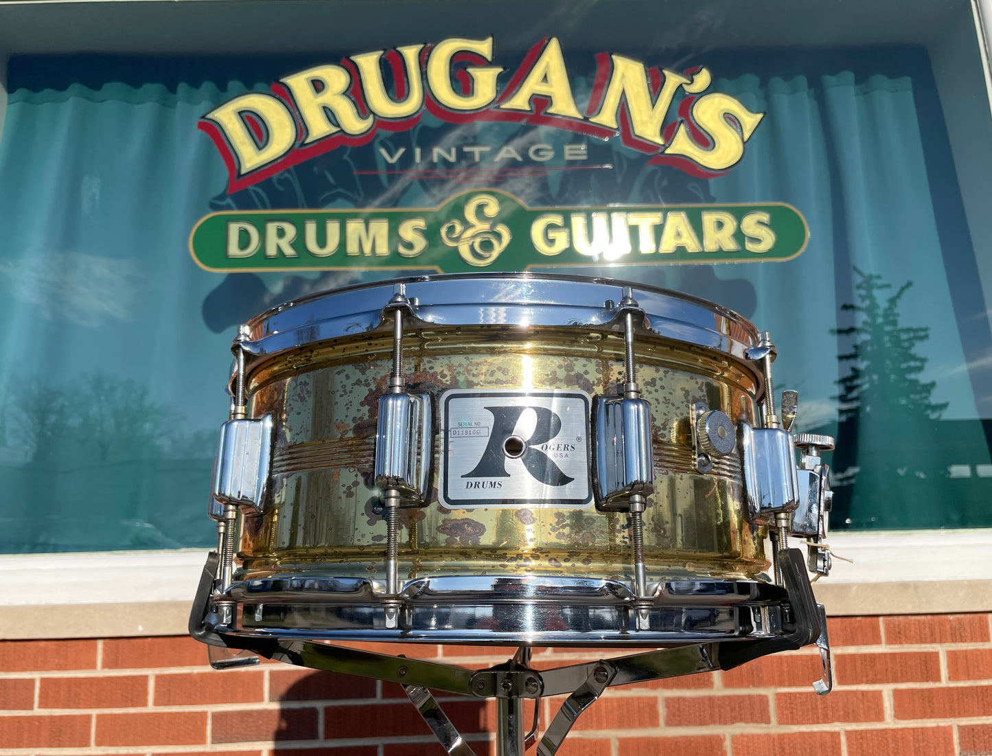 1980s Rogers 6.5x14 Naked Brass Dynasonic 5-Line Snare Drum Dyna-Sonic