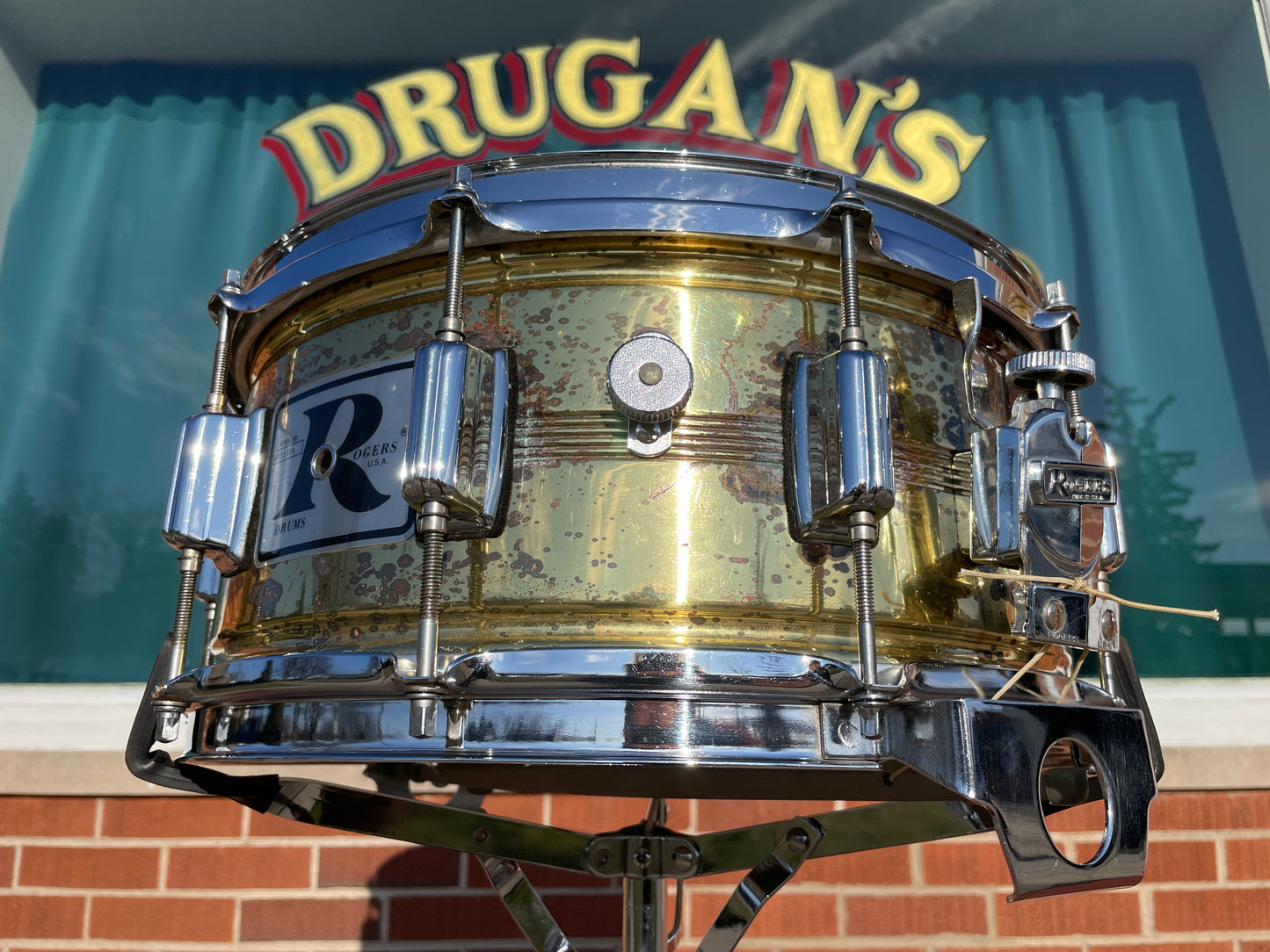 1980s Rogers 6.5x14 Naked Brass Dynasonic 5-Line Snare Drum Dyna-Sonic