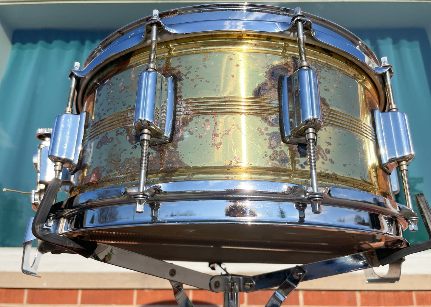 1980s Rogers 6.5x14 Naked Brass Dynasonic 5-Line Snare Drum Dyna-Sonic