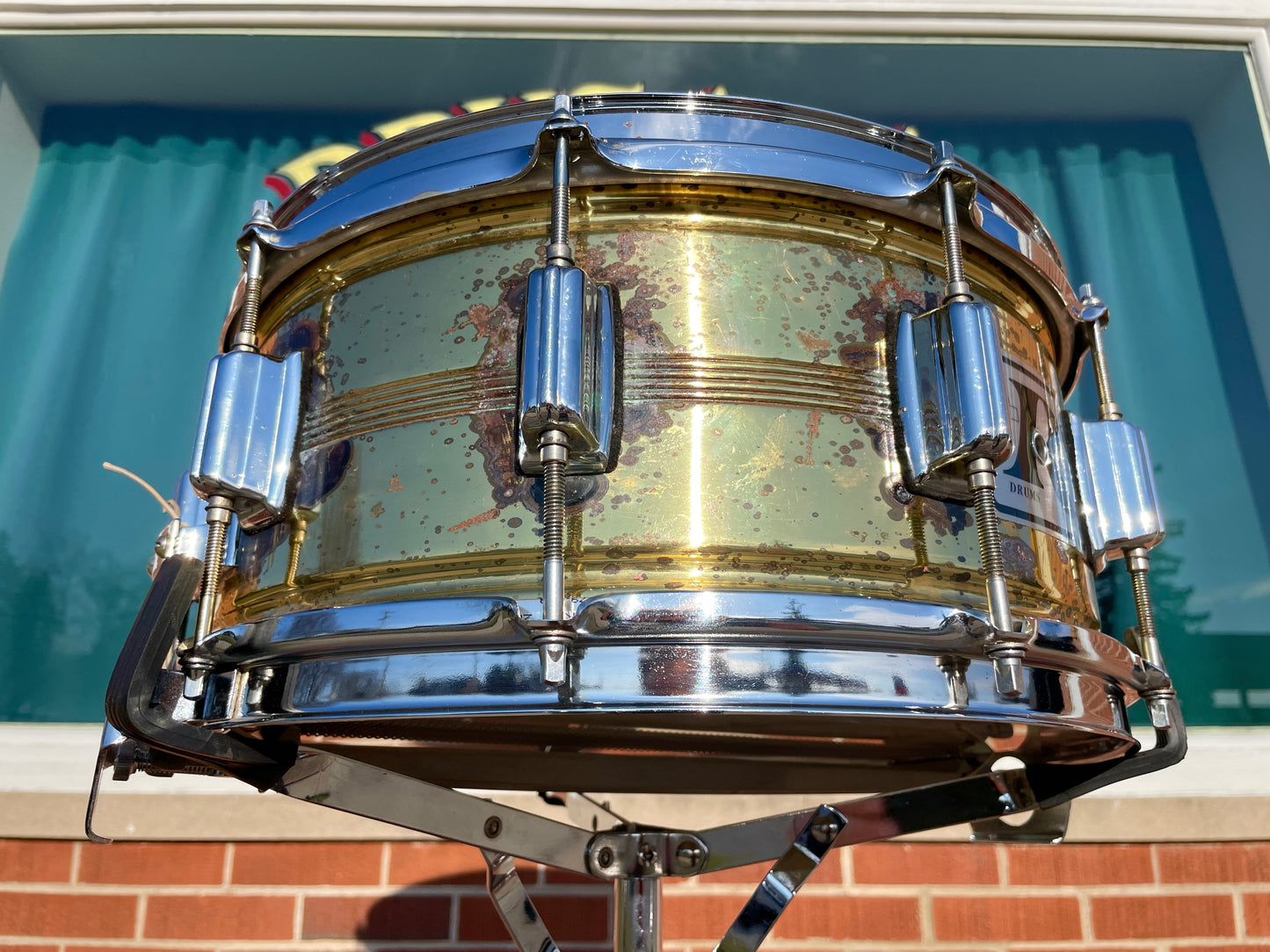 1980s Rogers 6.5x14 Naked Brass Dynasonic 5-Line Snare Drum Dyna-Sonic