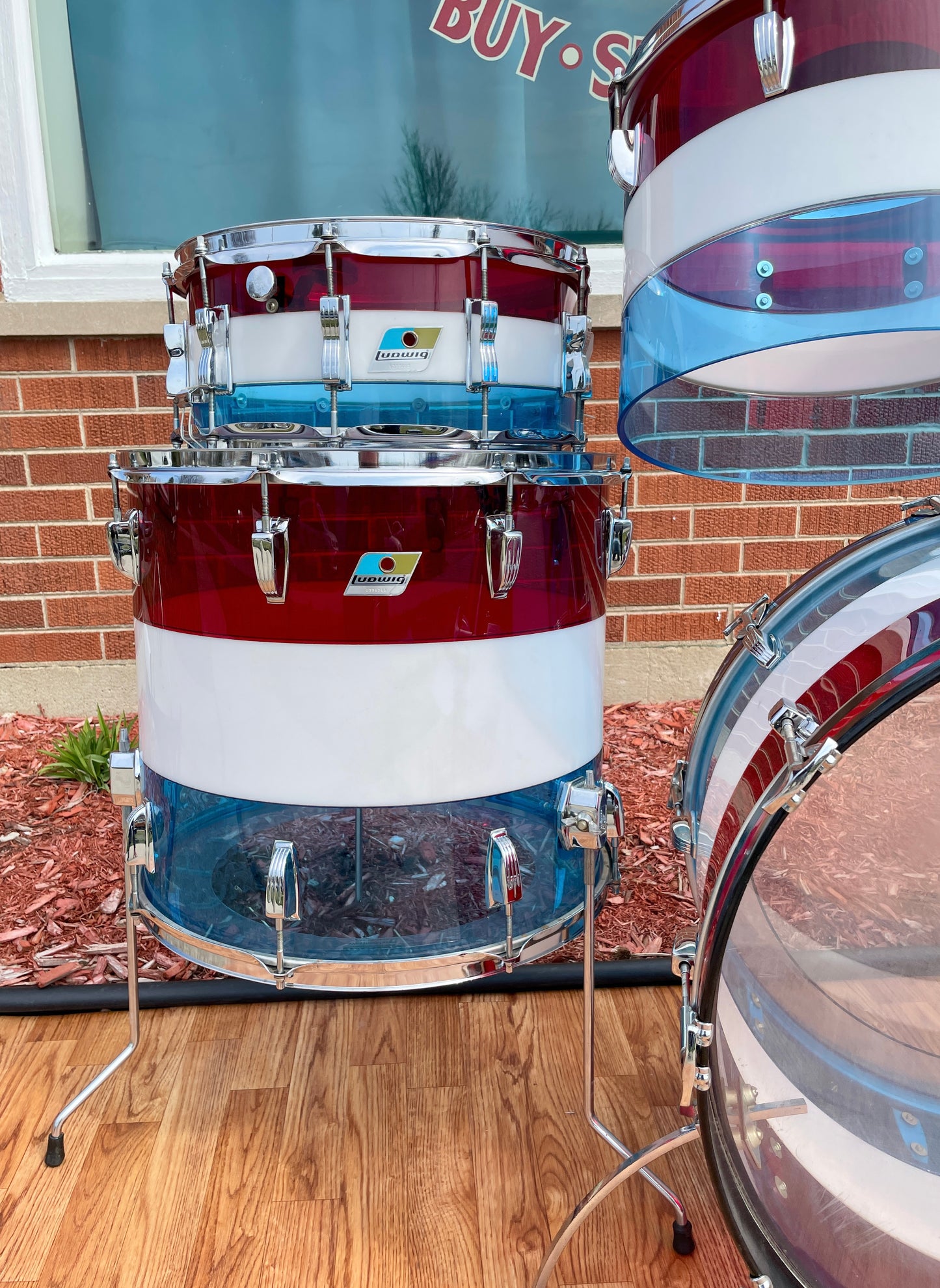 1970s Ludwig Bicentennial Vistalite Dual Bass Drum Set w/ Snare & Concert Toms Red/White/Blue