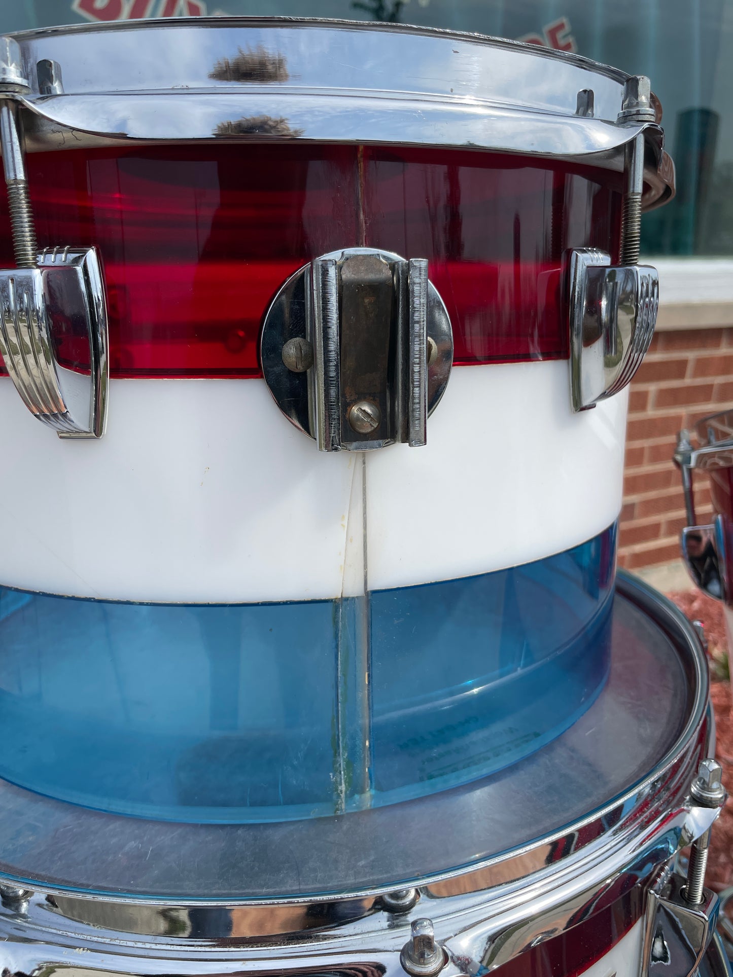 1970s Ludwig Bicentennial Vistalite Dual Bass Drum Set w/ Snare & Concert Toms Red/White/Blue