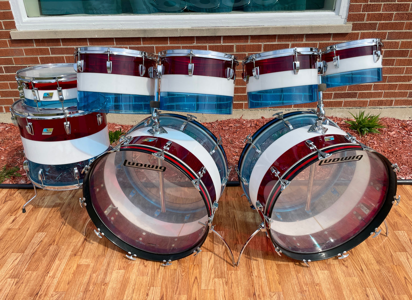 1970s Ludwig Bicentennial Vistalite Dual Bass Drum Set w/ Snare & Concert Toms Red/White/Blue