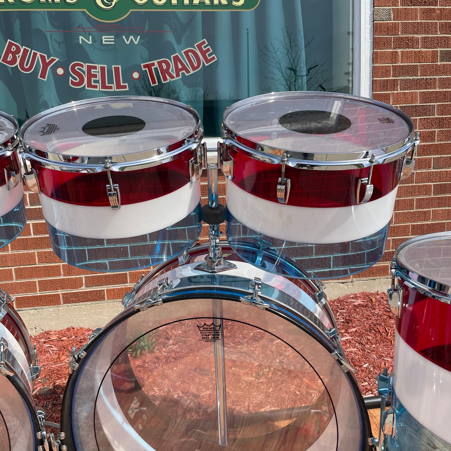 1970s Ludwig Bicentennial Vistalite Dual Bass Drum Set w/ Snare & Concert Toms Red/White/Blue