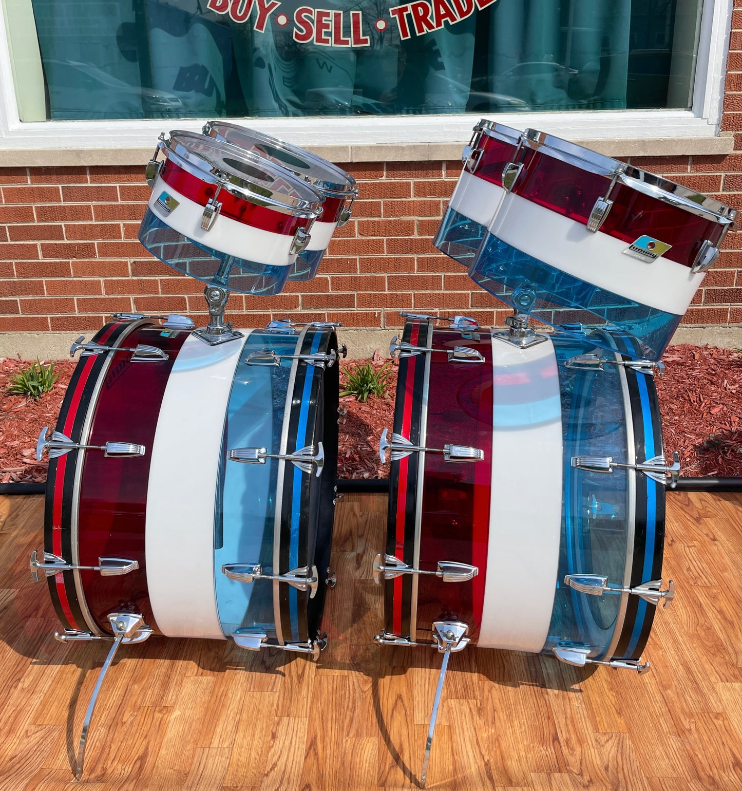 1970s Ludwig Bicentennial Vistalite Dual Bass Drum Set w/ Snare & Concert Toms Red/White/Blue