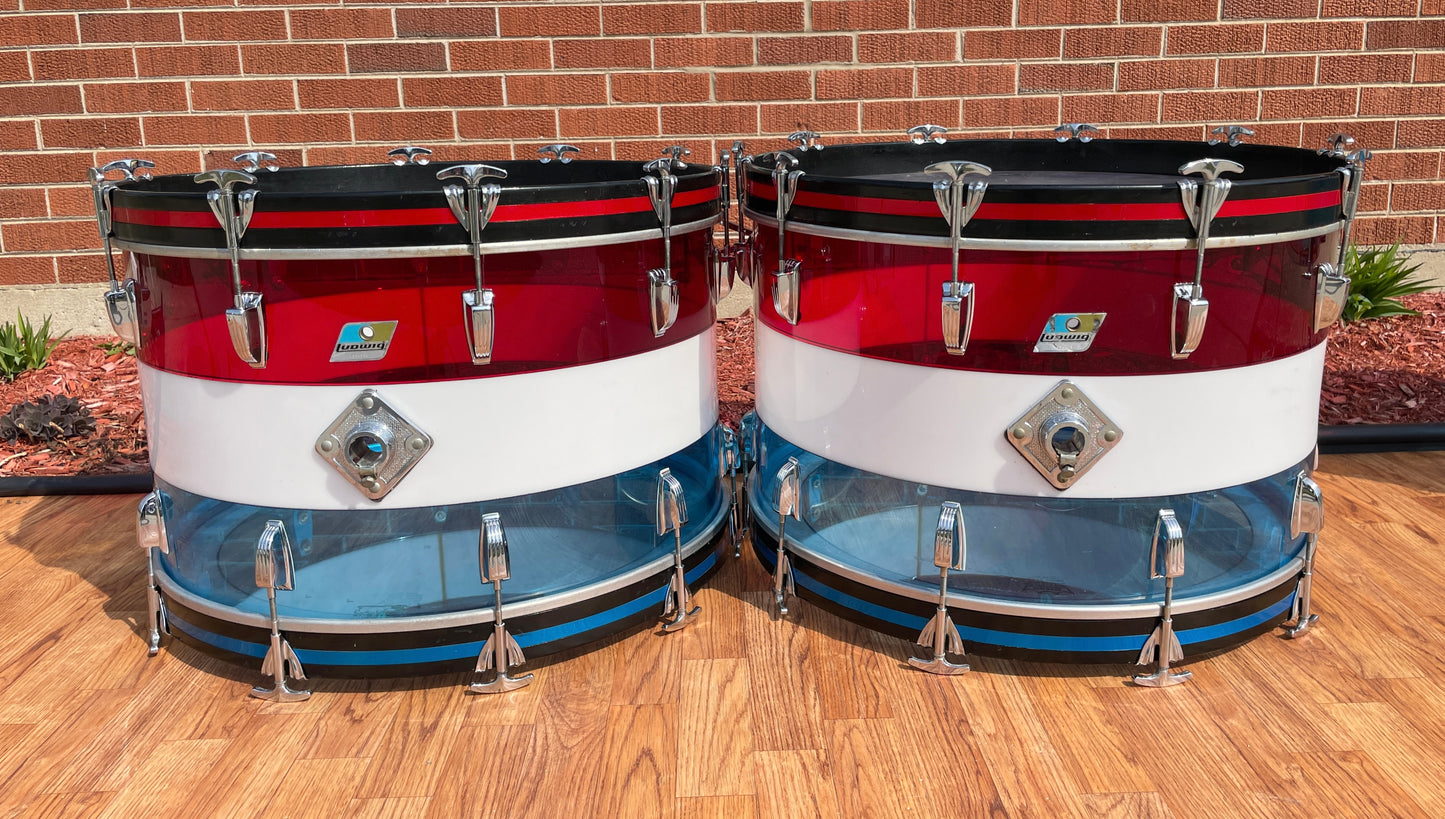 1970s Ludwig Bicentennial Vistalite Dual Bass Drum Set w/ Snare & Concert Toms Red/White/Blue