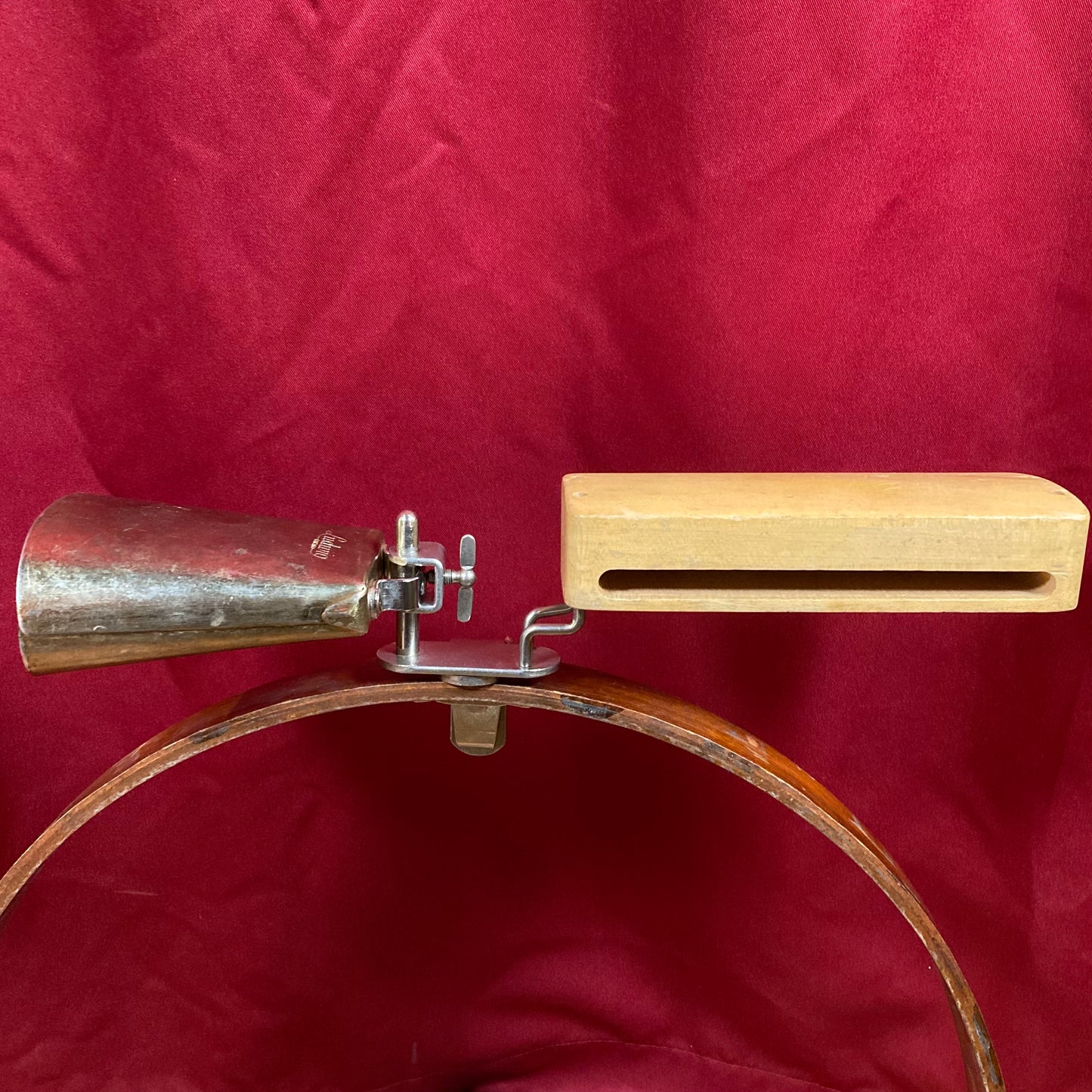 1960s Ludwig 5" Golden Tone Cow Bell and Wood Block w/ Mount Script Logo