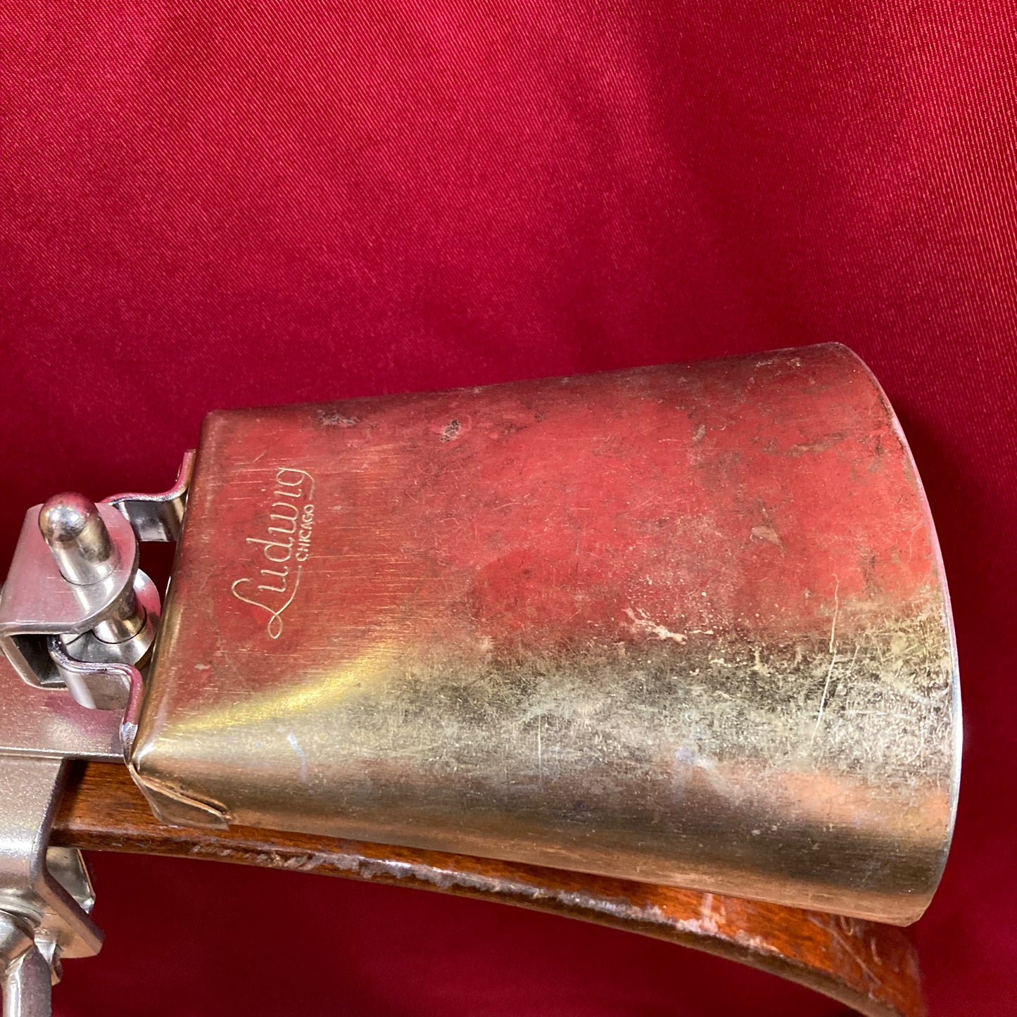 1960s Ludwig 5" Golden Tone Cow Bell and Wood Block w/ Mount Script Logo