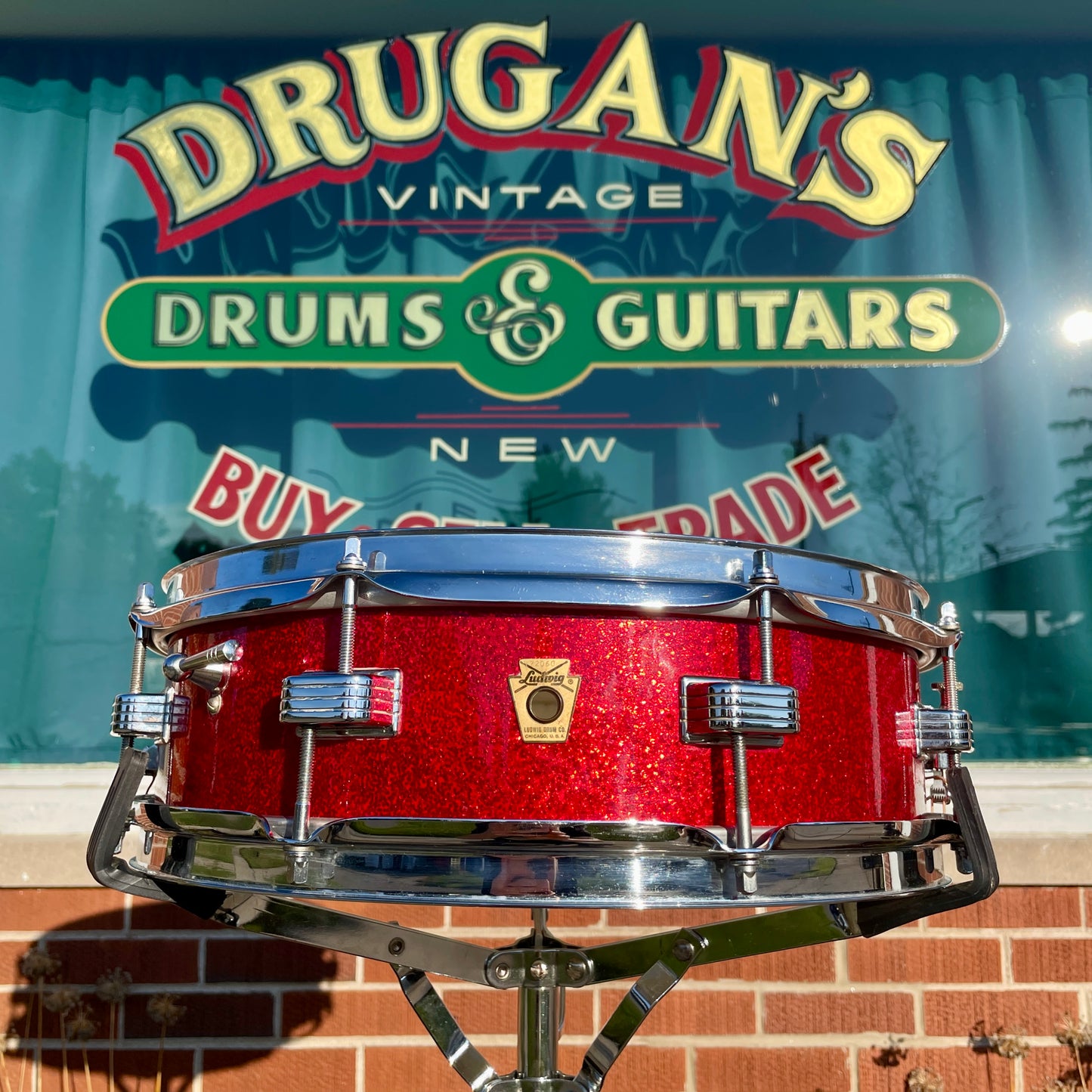 1965 Ludwig Downbeat 4x14 Snare Drum Red Sparkle