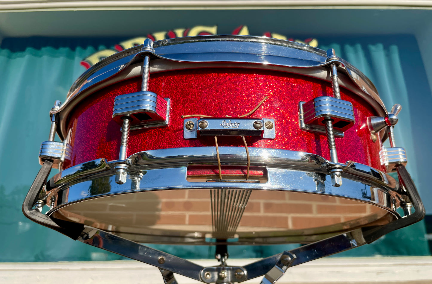 1965 Ludwig Downbeat 4x14 Snare Drum Red Sparkle