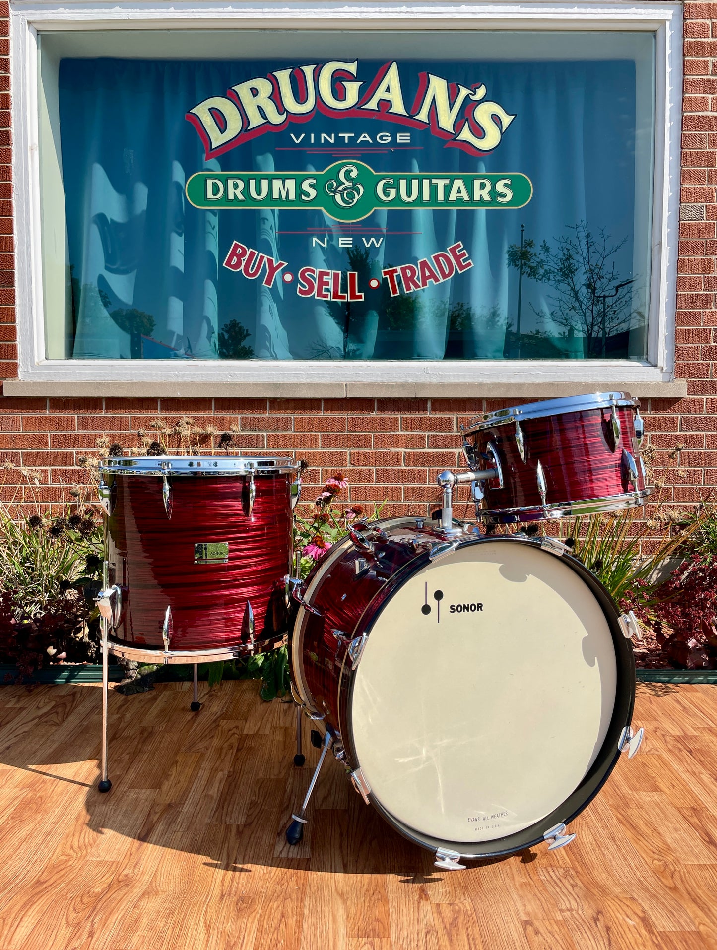 1960s Sonor Teardrop Chicago Star Drum Set Red Marble 20/13/16