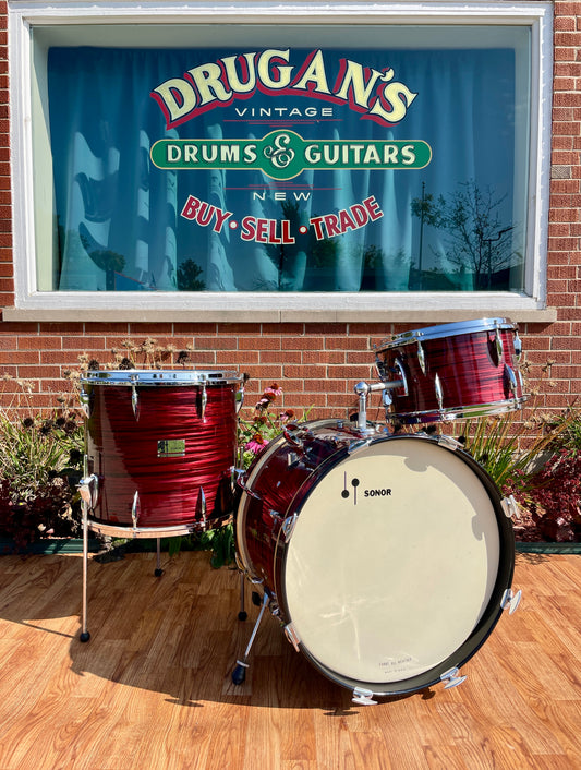 1960s Sonor Teardrop Chicago Star Drum Set Red Marble 20/13/16