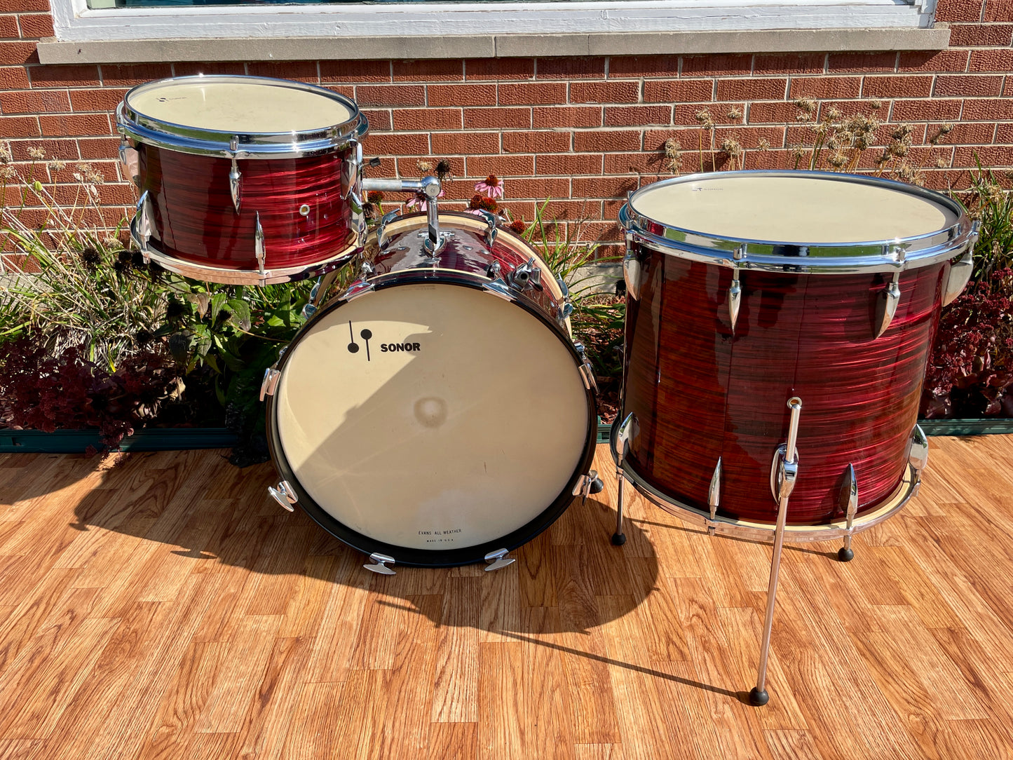 1960s Sonor Teardrop Chicago Star Drum Set Red Marble 20/13/16
