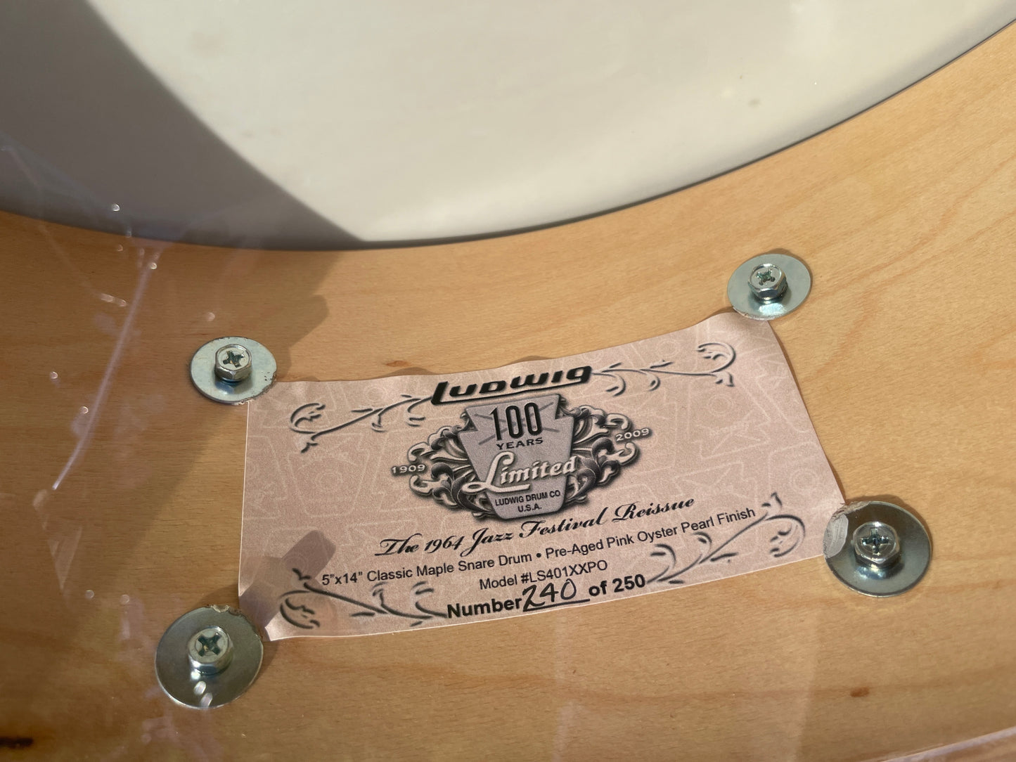 N.O.S. Ludwig Classic Maple 5x14 100th Anniversary 1964 Jazz Festival Reissue Snare Pre-Aged Pink Oyster Pearl #240