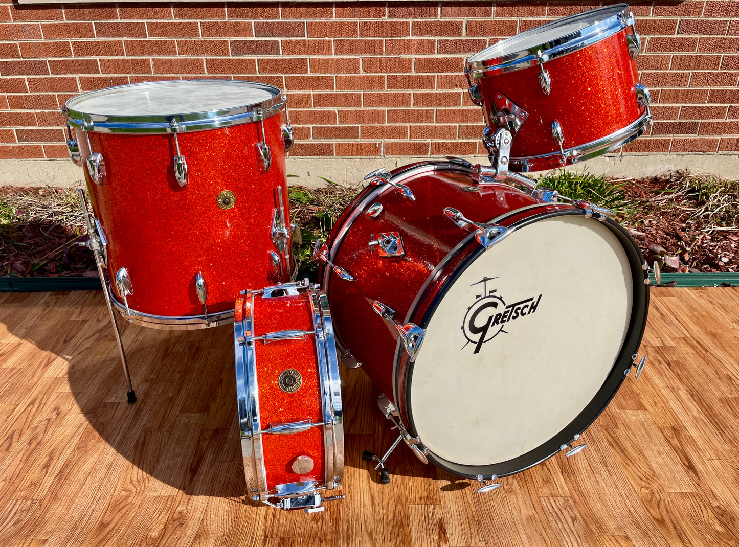 1960s Gretsch Round Badge Drum Set Tangerine Sparkle 20/12/16 w/ 5.5x14 Snare