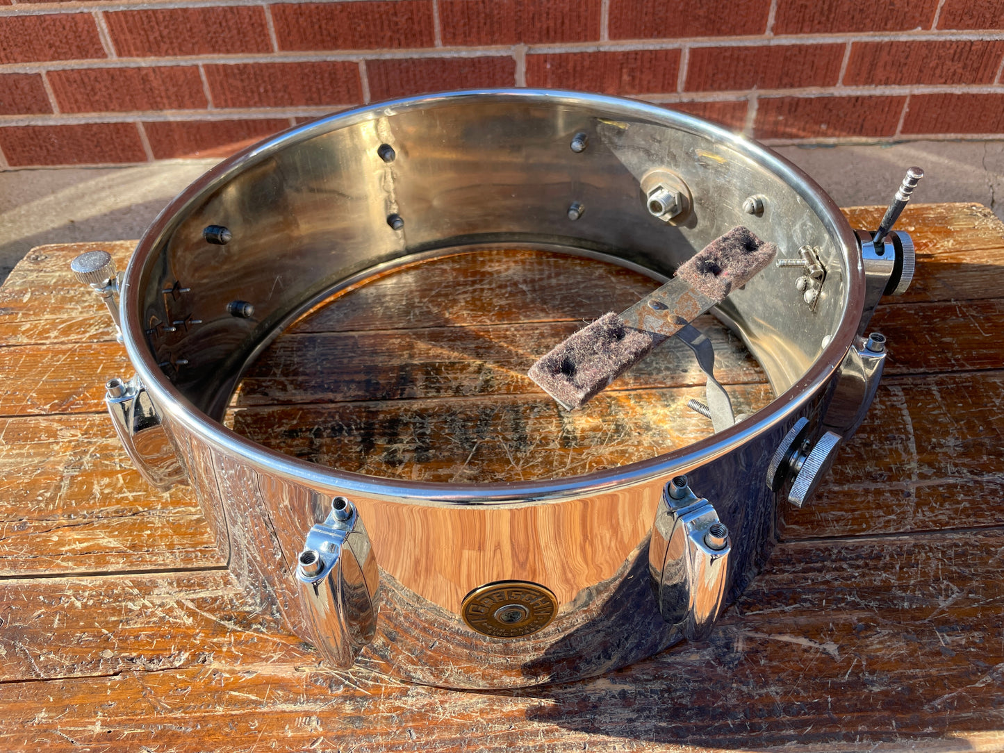 1960s Gretsch 5x14 Model 4160 Chrome Over Brass Snare Drum Round Badge