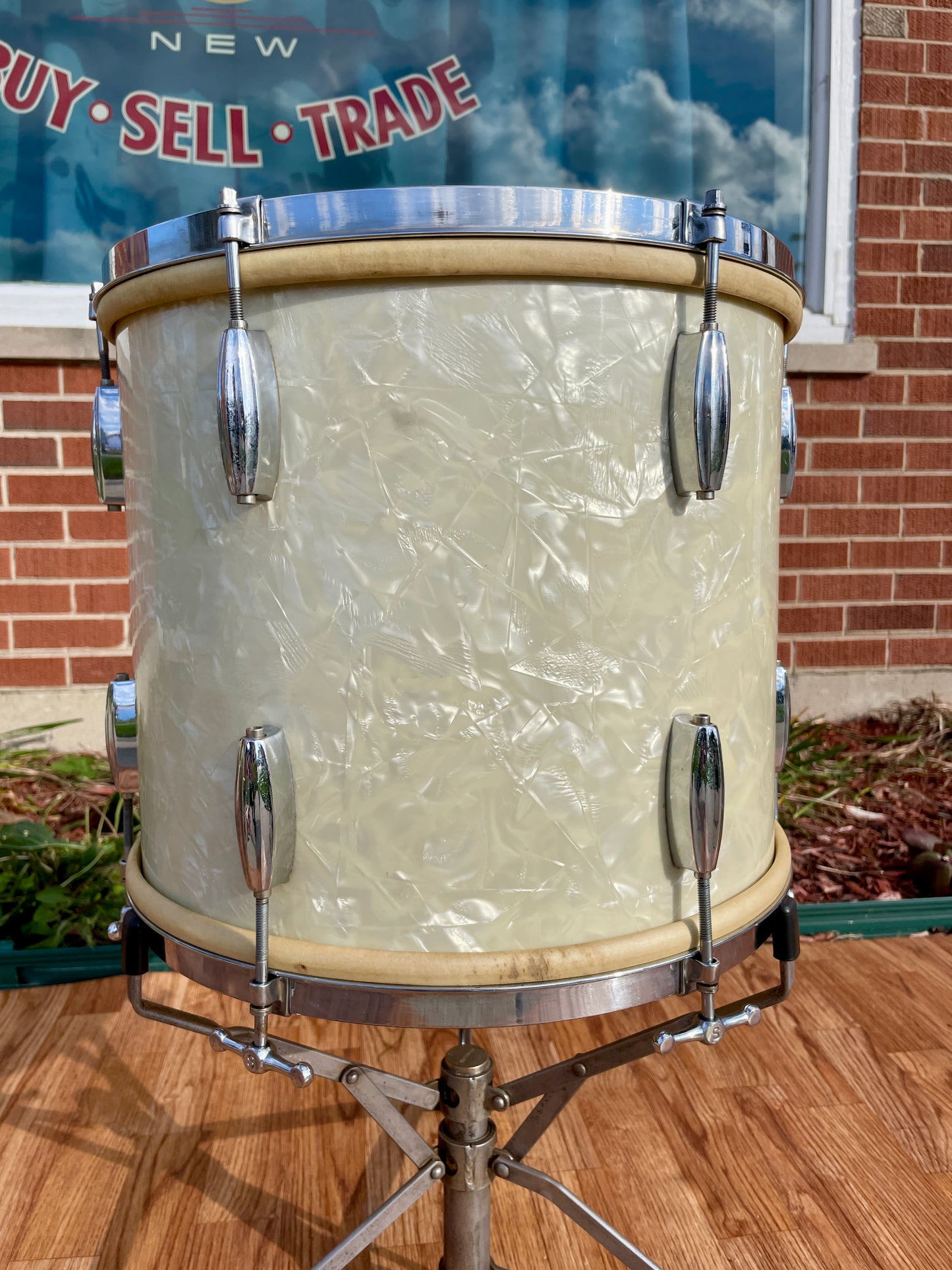 1930s Slingerland Barrett Deems 12x14 Radio King Tom Drum White Marine Pearl w/ Stand