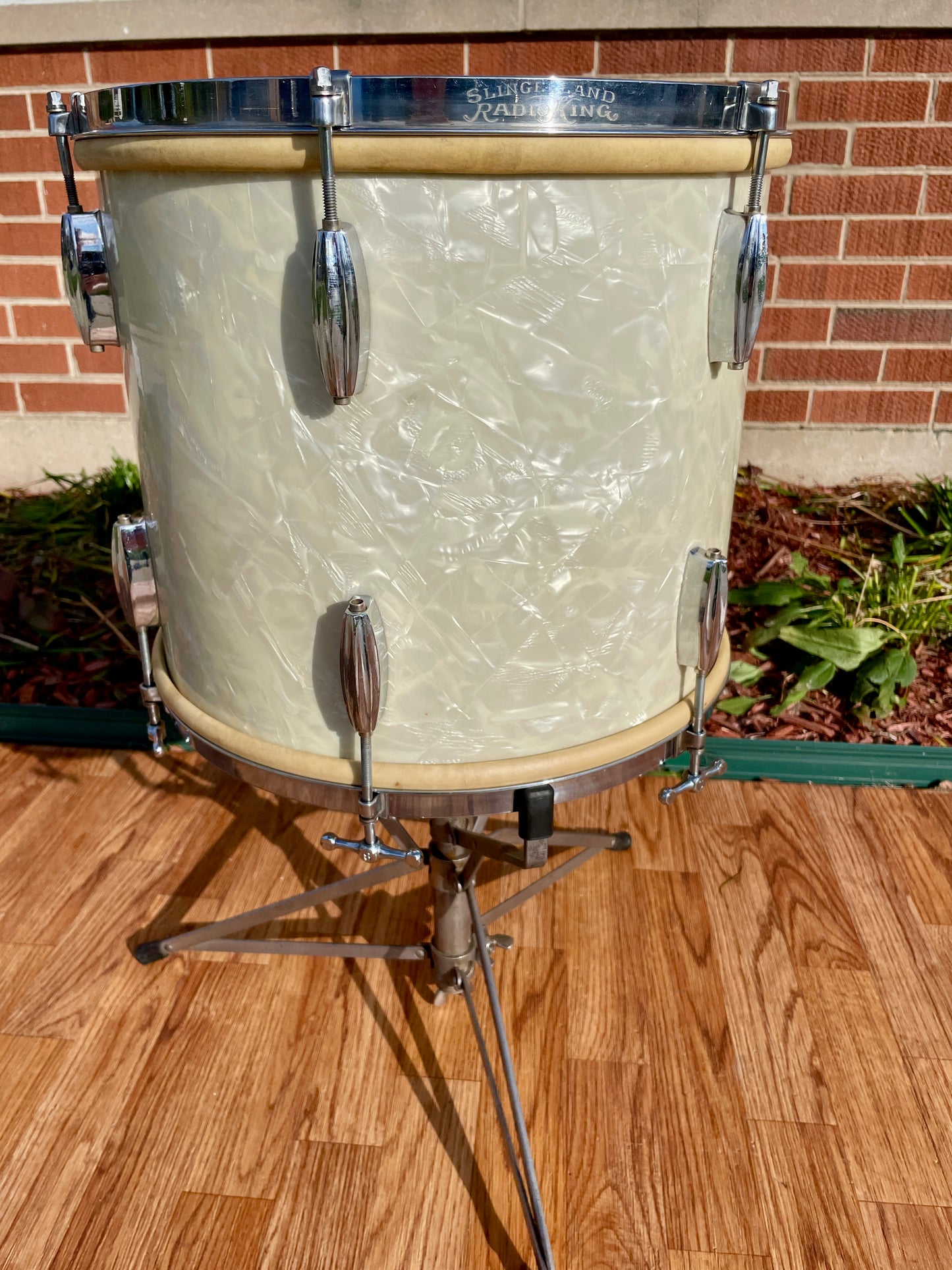 1930s Slingerland Barrett Deems 12x14 Radio King Tom Drum White Marine Pearl w/ Stand