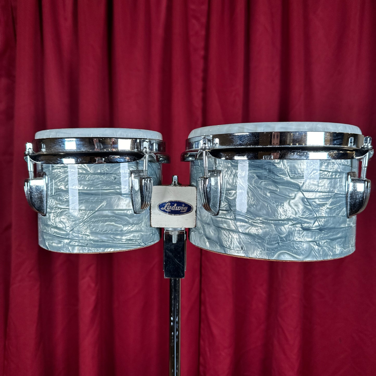 Vintage Ludwig 6" & 8" No. 2358P Tunable Bongos w/ Slide Mount Sky Blue Pearl