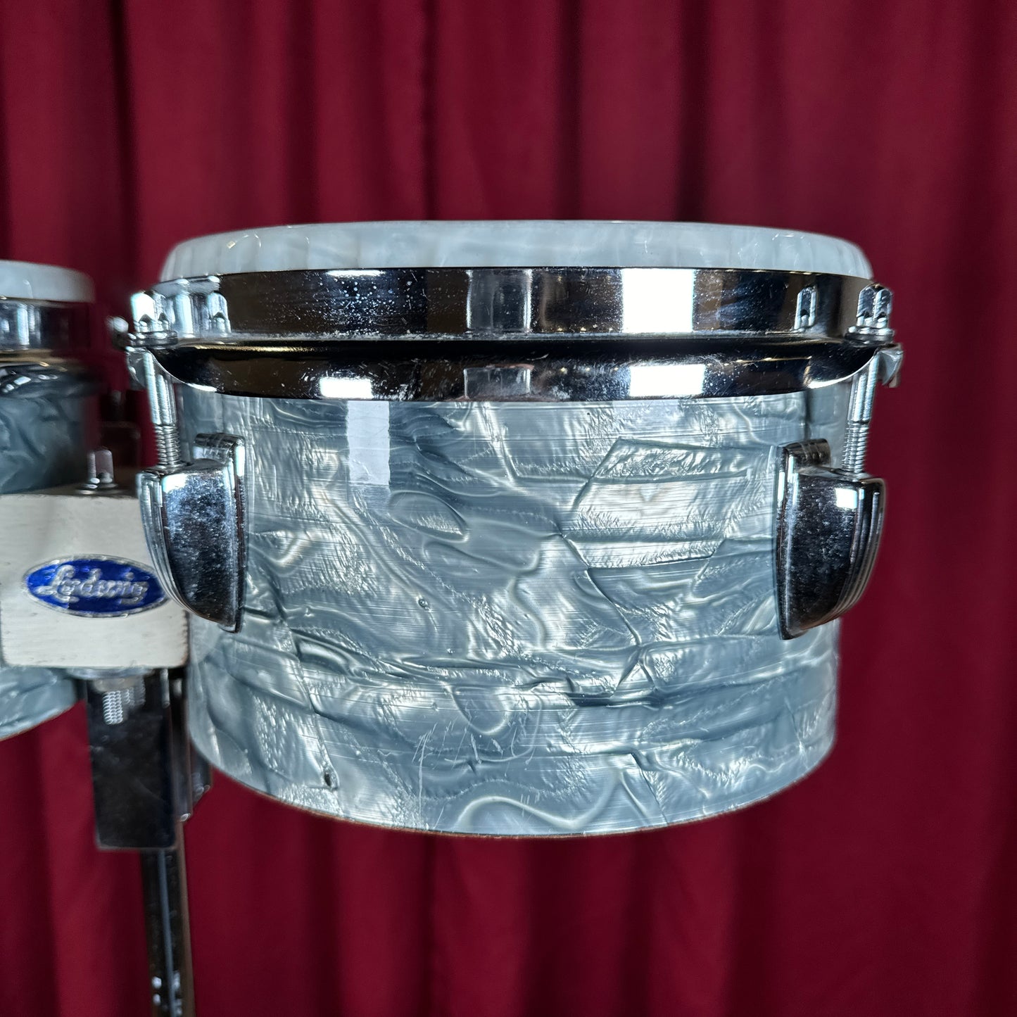 Vintage Ludwig 6" & 8" No. 2358P Tunable Bongos w/ Slide Mount Sky Blue Pearl
