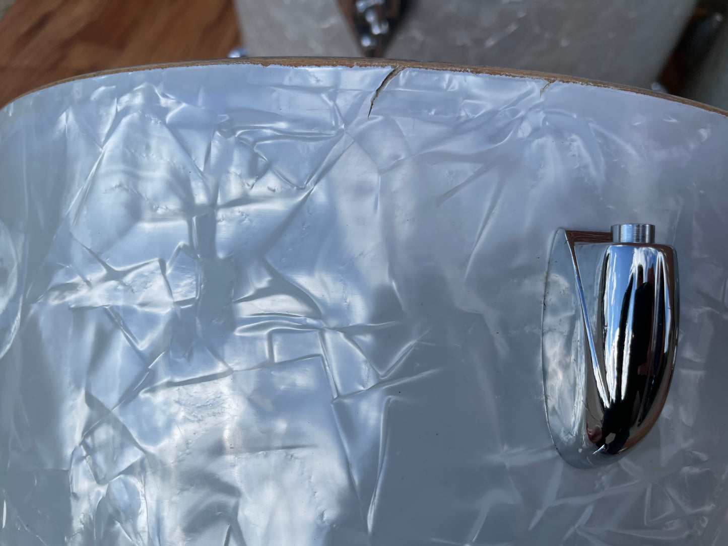 1950s Gretsch 6 ply Round Badge Name Band Outfit Drum Set White Marine Pearl 22/13/16 w/ 5.5x14 Snare