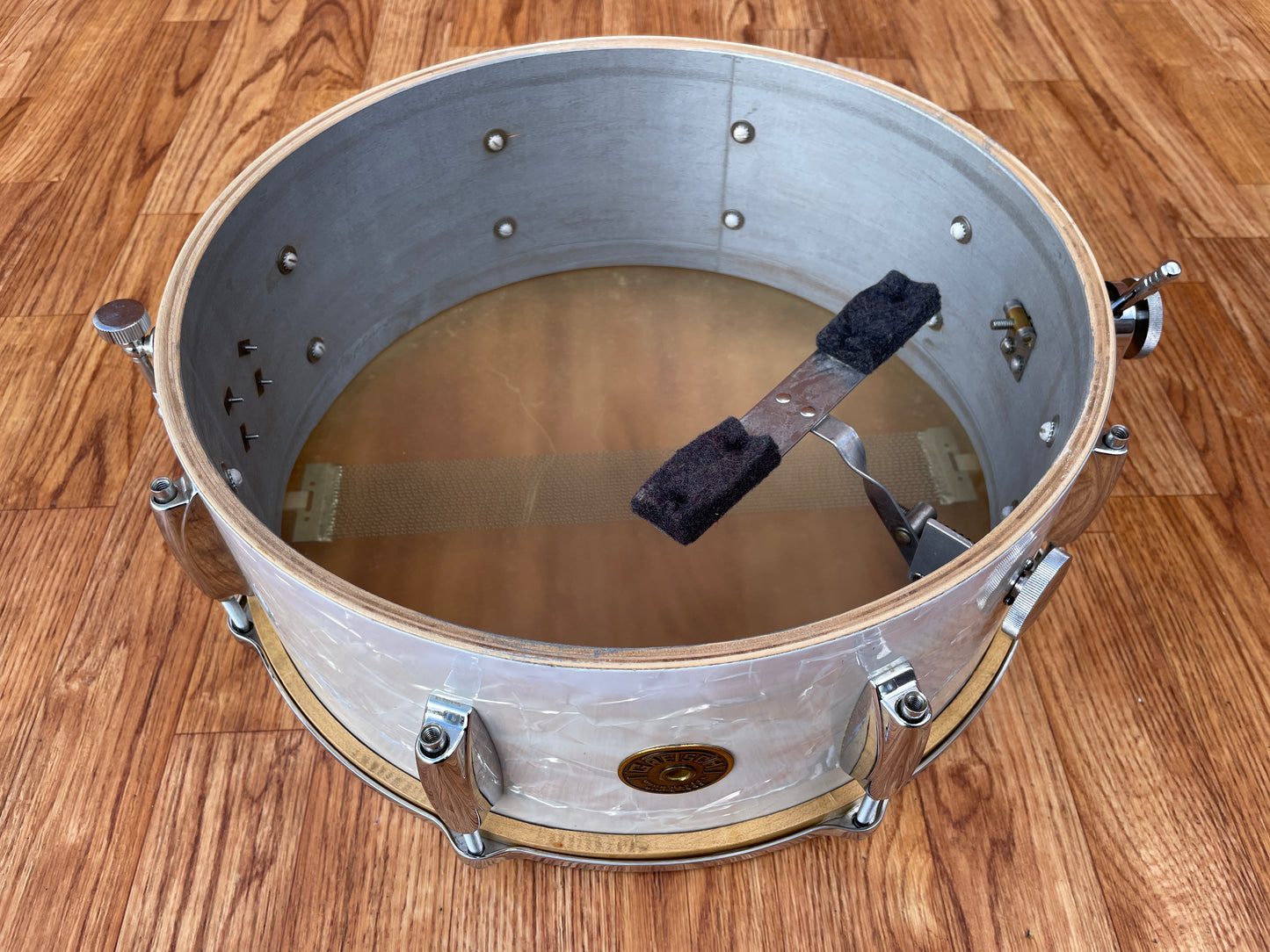 1950s Gretsch 6 ply Round Badge Name Band Outfit Drum Set White Marine Pearl 22/13/16 w/ 5.5x14 Snare