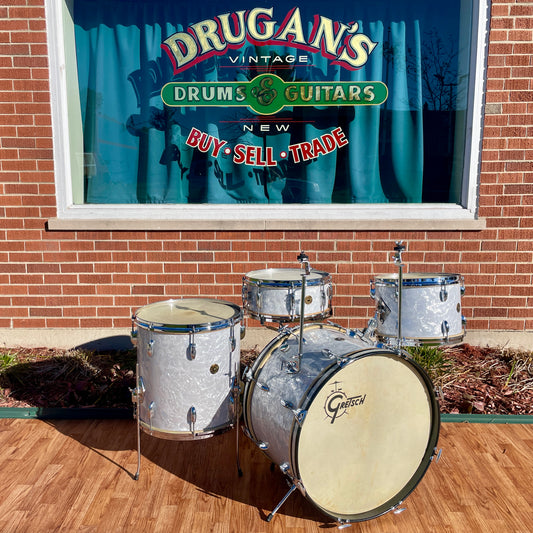 1950s Gretsch 6 ply Round Badge Name Band Outfit Drum Set White Marine Pearl 22/13/16 w/ 5.5x14 Snare