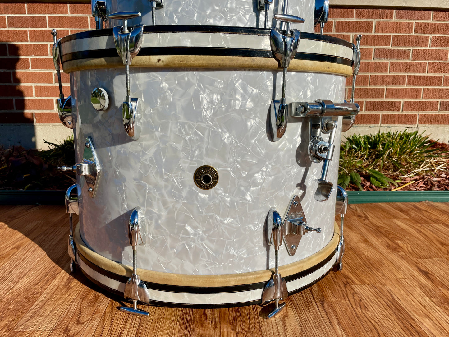 1950s Gretsch 6 ply Round Badge Name Band Outfit Drum Set White Marine Pearl 22/13/16 w/ 5.5x14 Snare