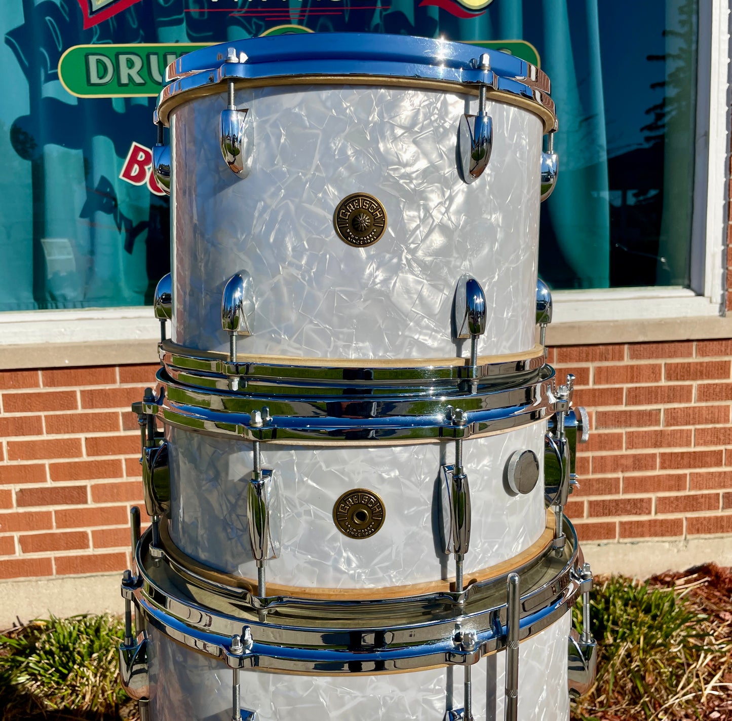 1950s Gretsch 6 ply Round Badge Name Band Outfit Drum Set White Marine Pearl 22/13/16 w/ 5.5x14 Snare