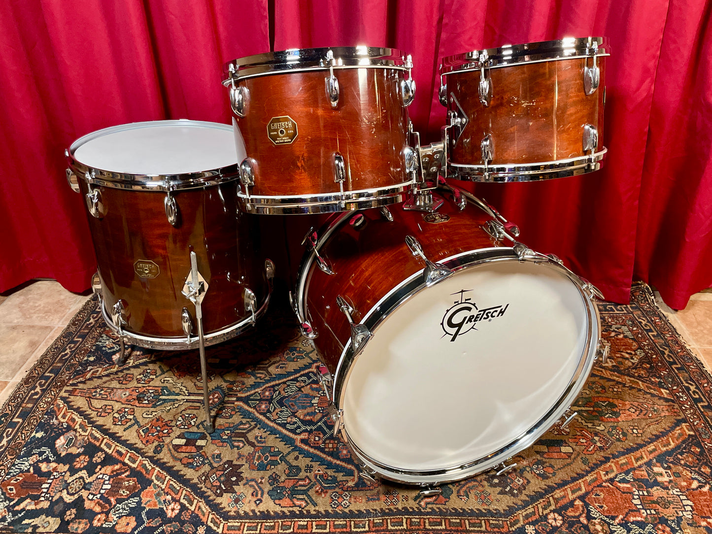 1970s Gretsch Stop Sign Badge Drum Set Mahogany Lacquer 22/12/13/16