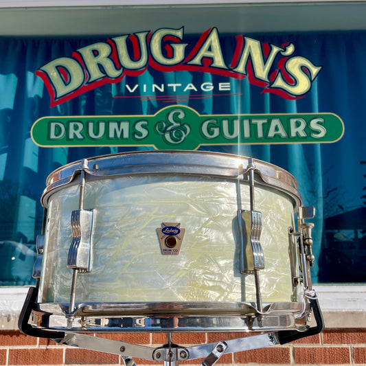1960 Ludwig 6.5x14 Pioneer Snare Drum White Marine Pearl Trans Badge