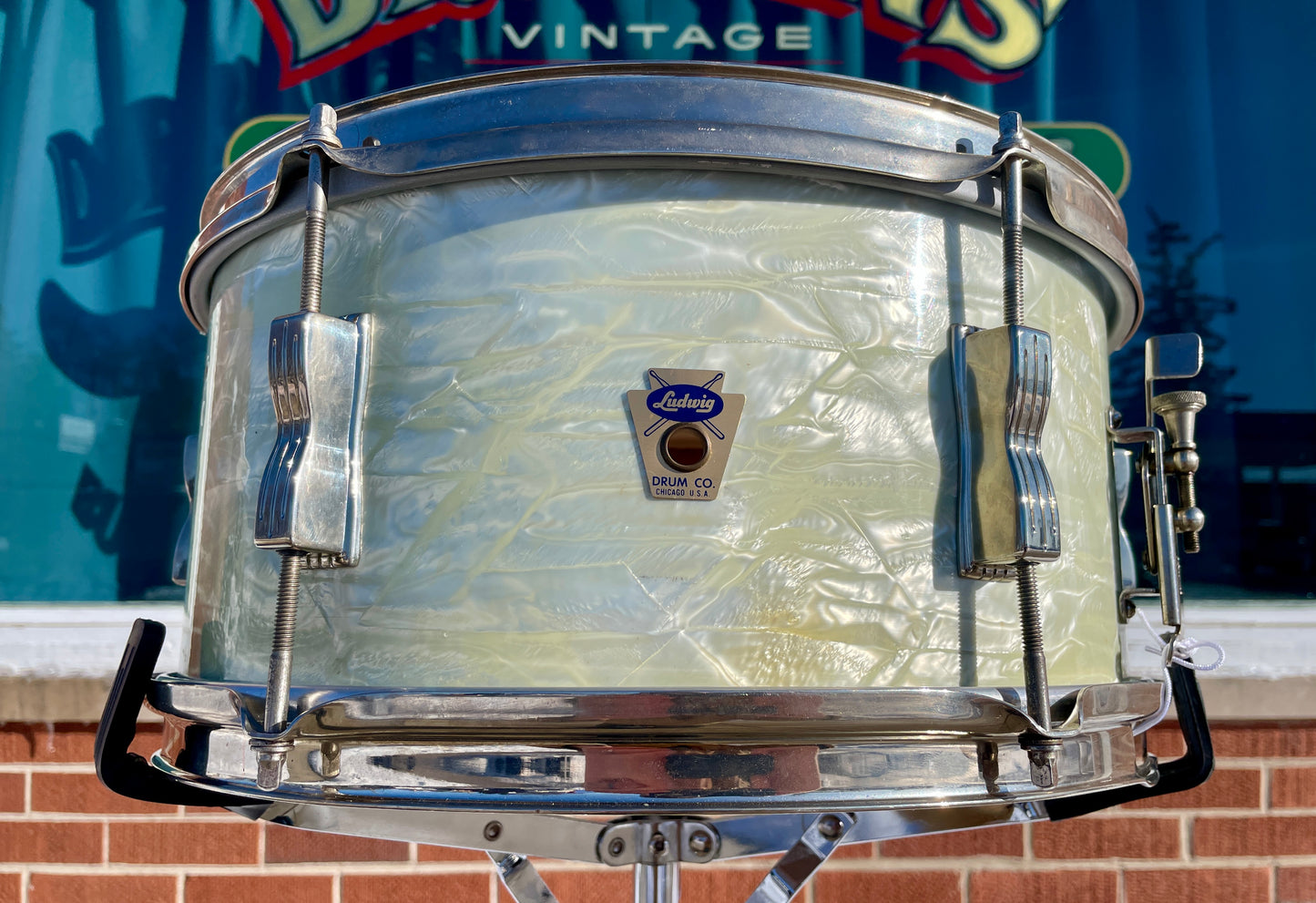 1960 Ludwig 6.5x14 Pioneer Snare Drum White Marine Pearl Trans Badge