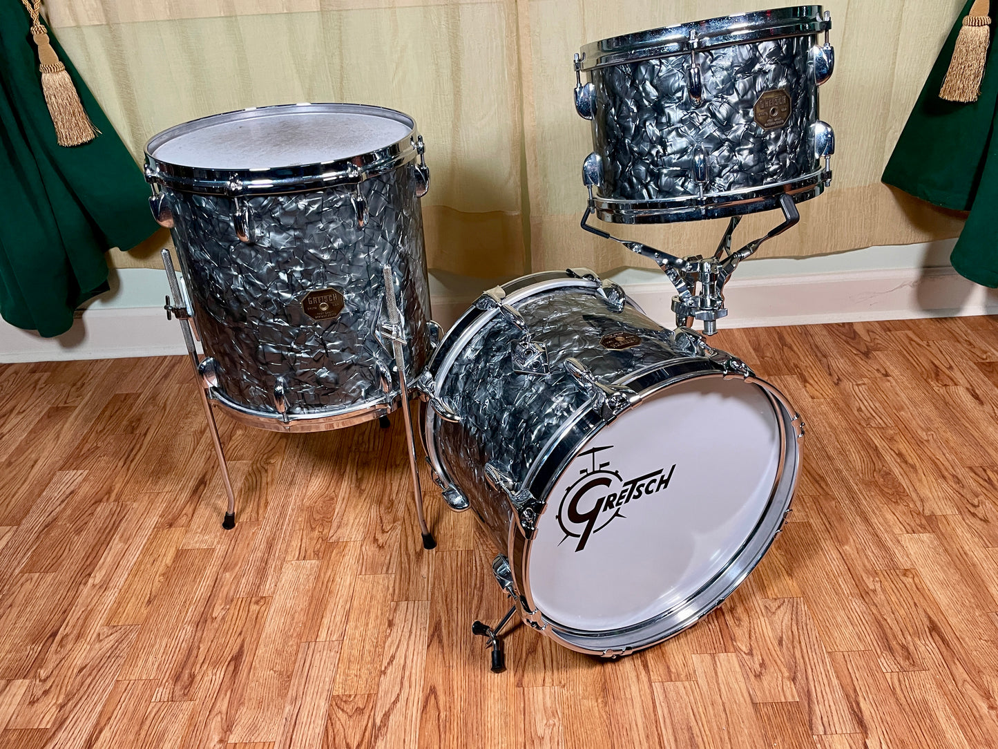 1970s Gretsch Micro Bop Drum Kit Black Diamond Pearl Stop Sign Badge 16/12/14