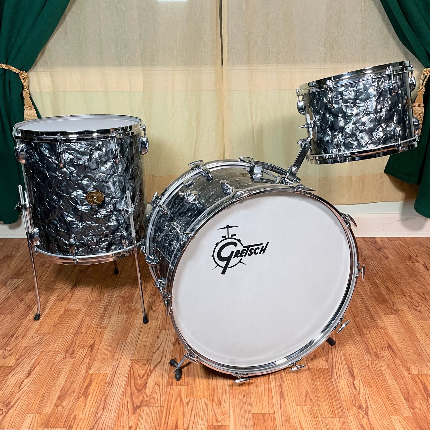 1970s Gretsch Stop Sign Badge Drum Set Black Diamond Pearl 22/13/16