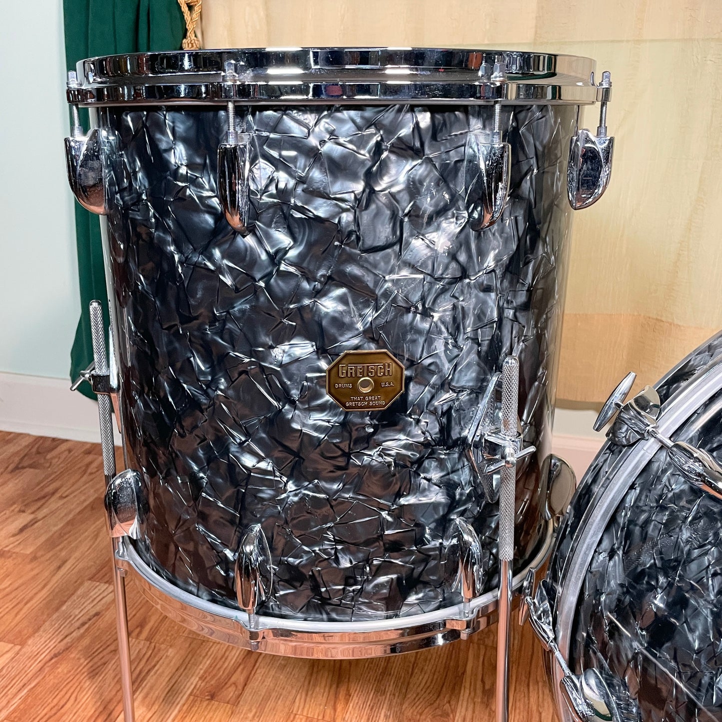 1970s Gretsch Stop Sign Badge Drum Set Black Diamond Pearl 22/13/16
