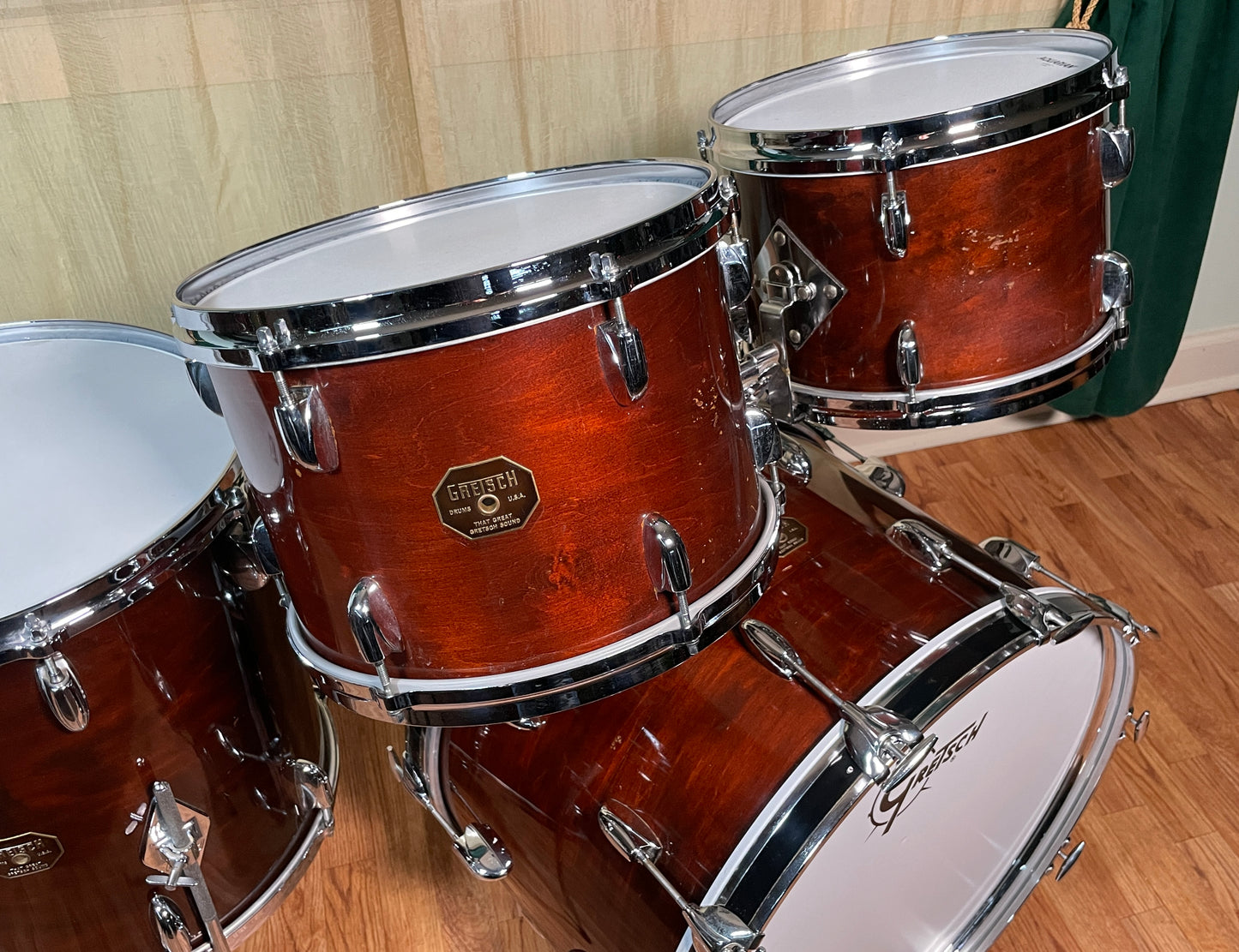 1970s Gretsch Stop Sign Badge Drum Set Mahogany Lacquer 22/12/13/16